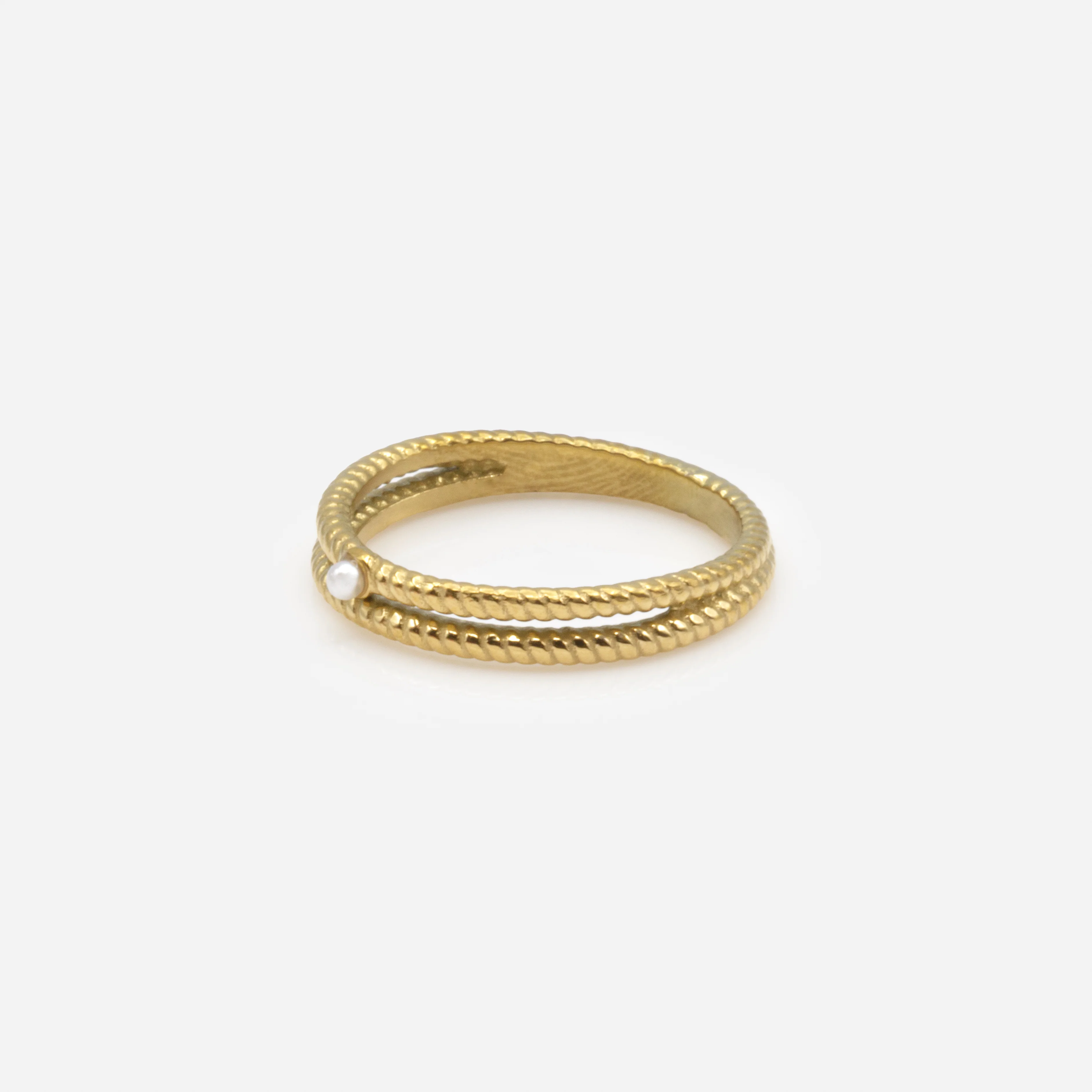 Bague dorée double avec petite perle en acier inoxydable - Image 2