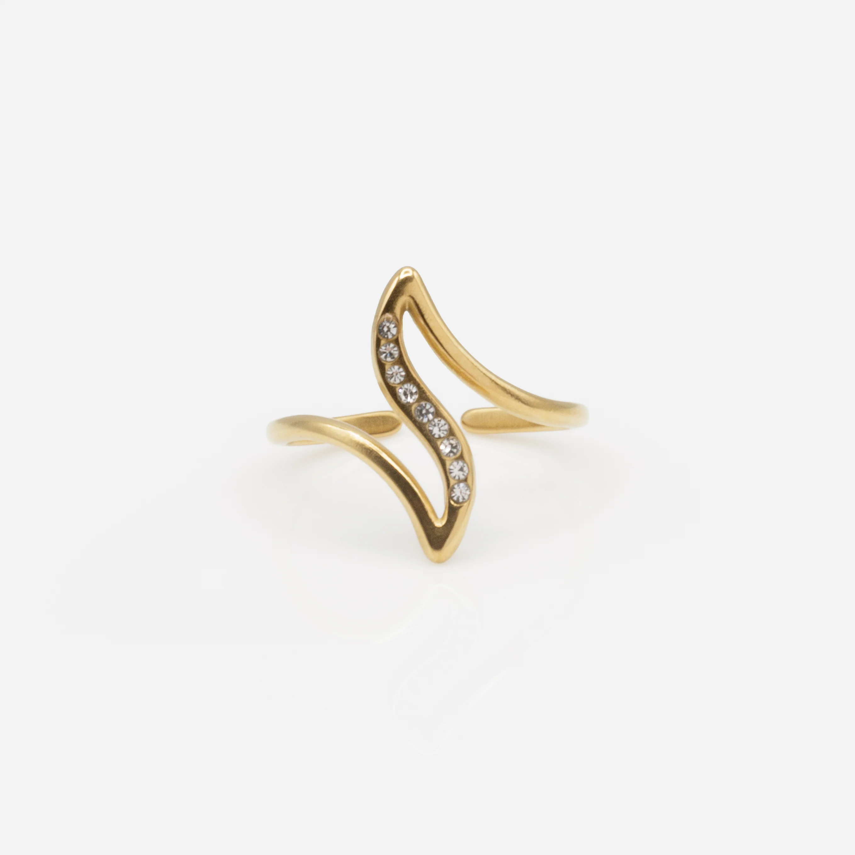 Bague ouverte dorée en courbes avec zircons cubiques en acier inoxydable