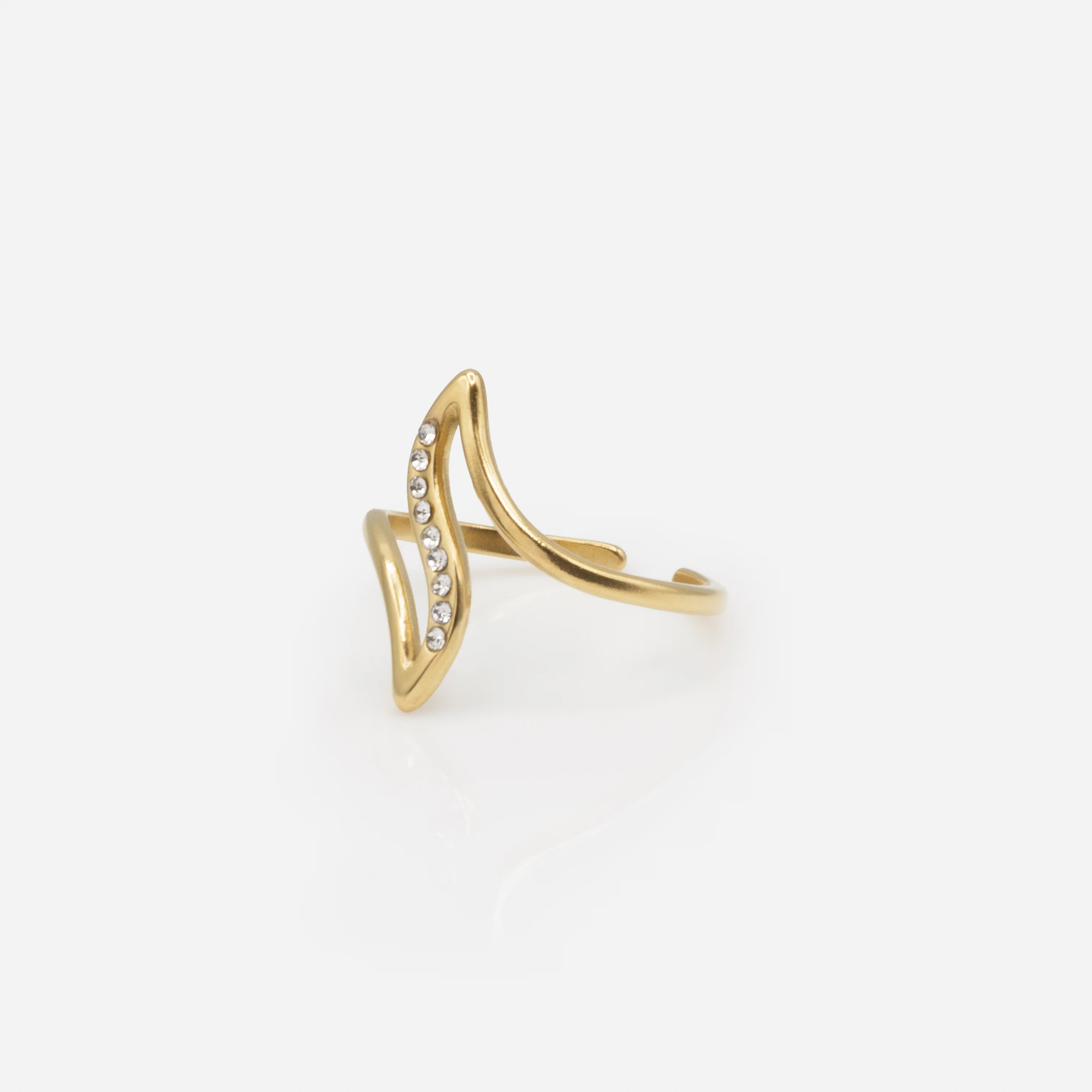 Bague ouverte dorée en courbes avec zircons cubiques en acier inoxydable - Image 2