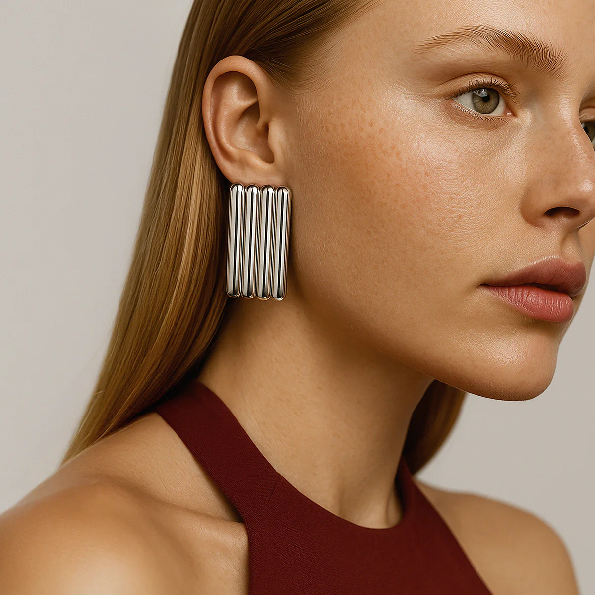 Boucles d’oreilles sculpturales argentées en acier inoxydable - Image 3