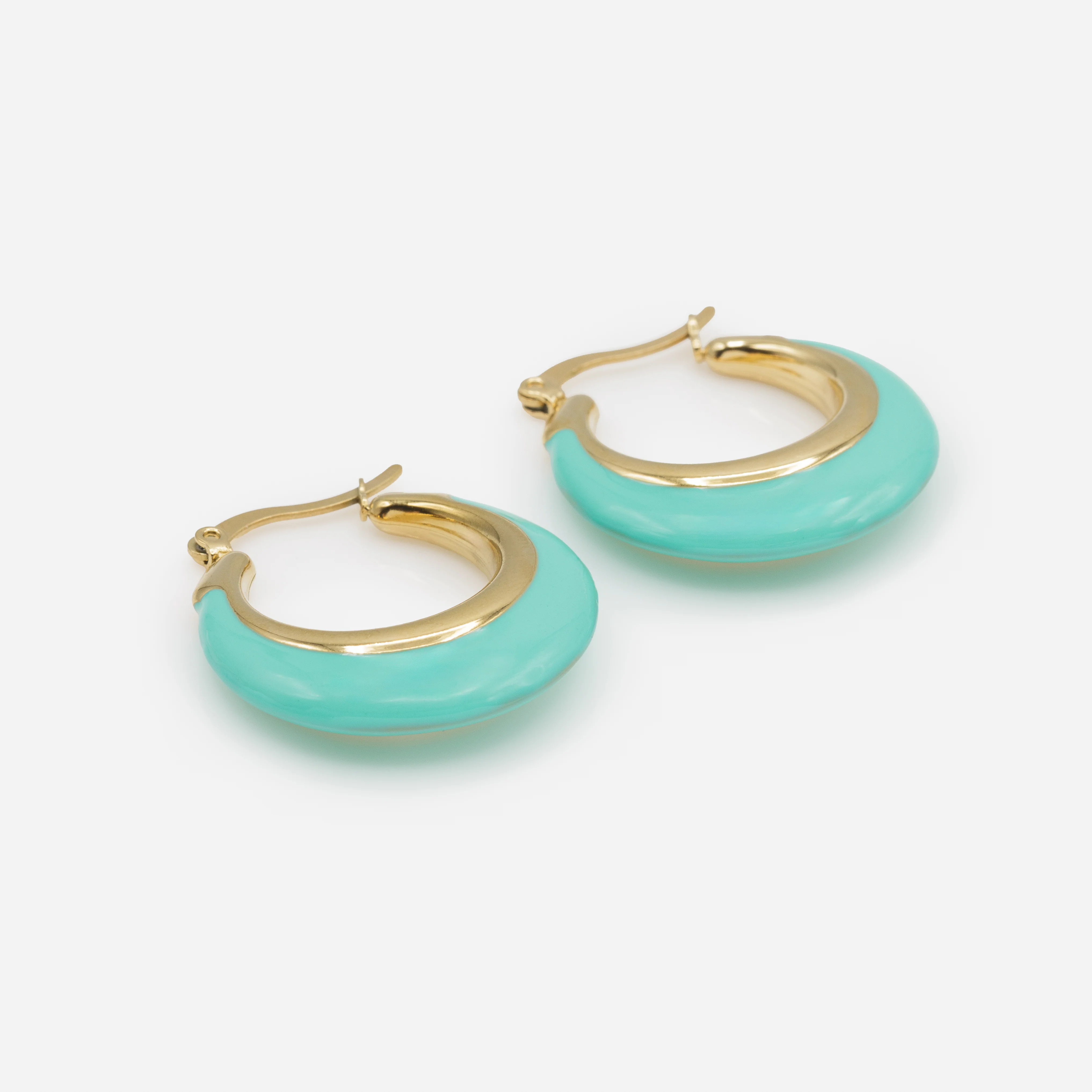 Boucles d'oreilles anneaux dorés à large base turquoise en acier inoxydable - Image 2