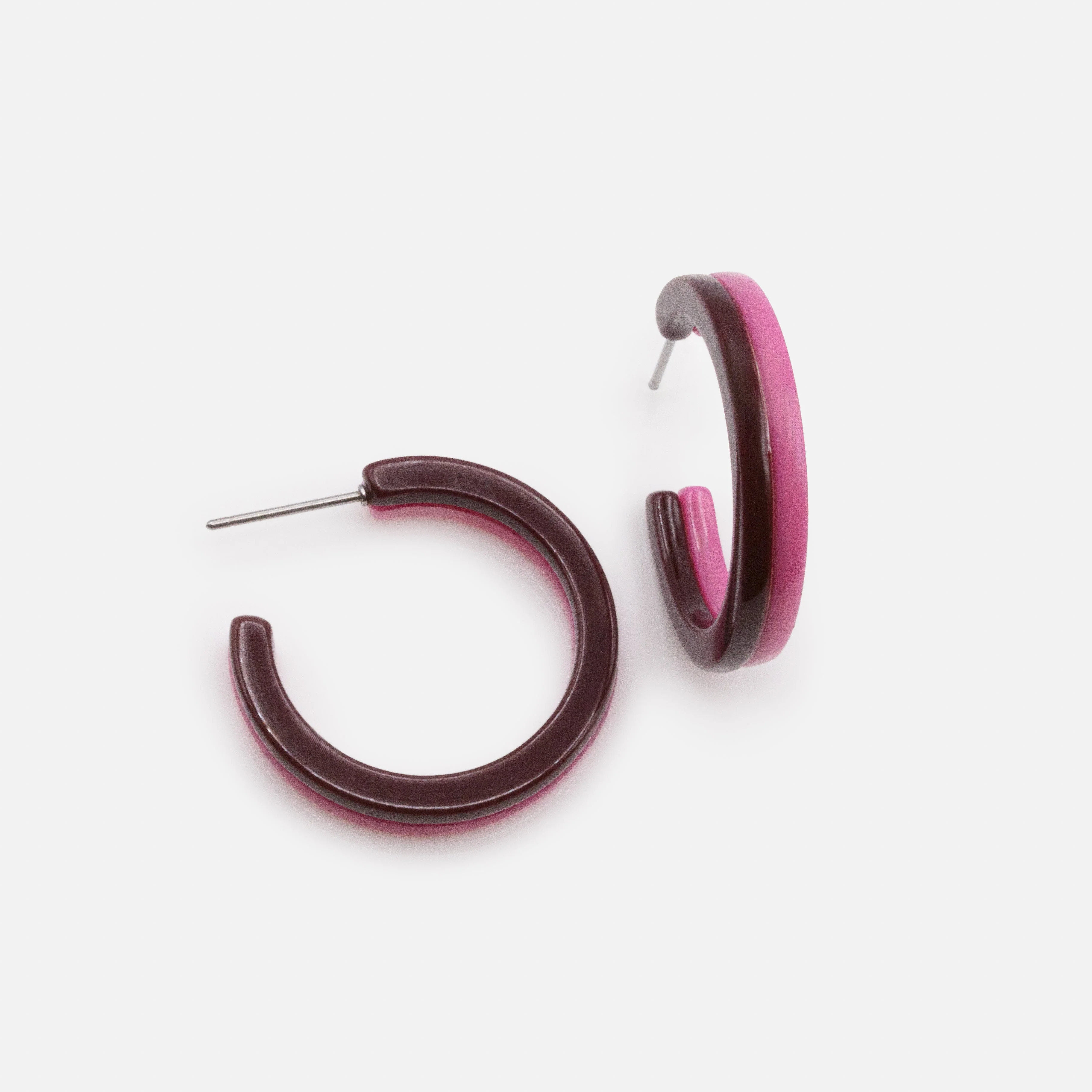 Boucles d'oreilles anneaux roses & bourgogne en acétate - Image 2