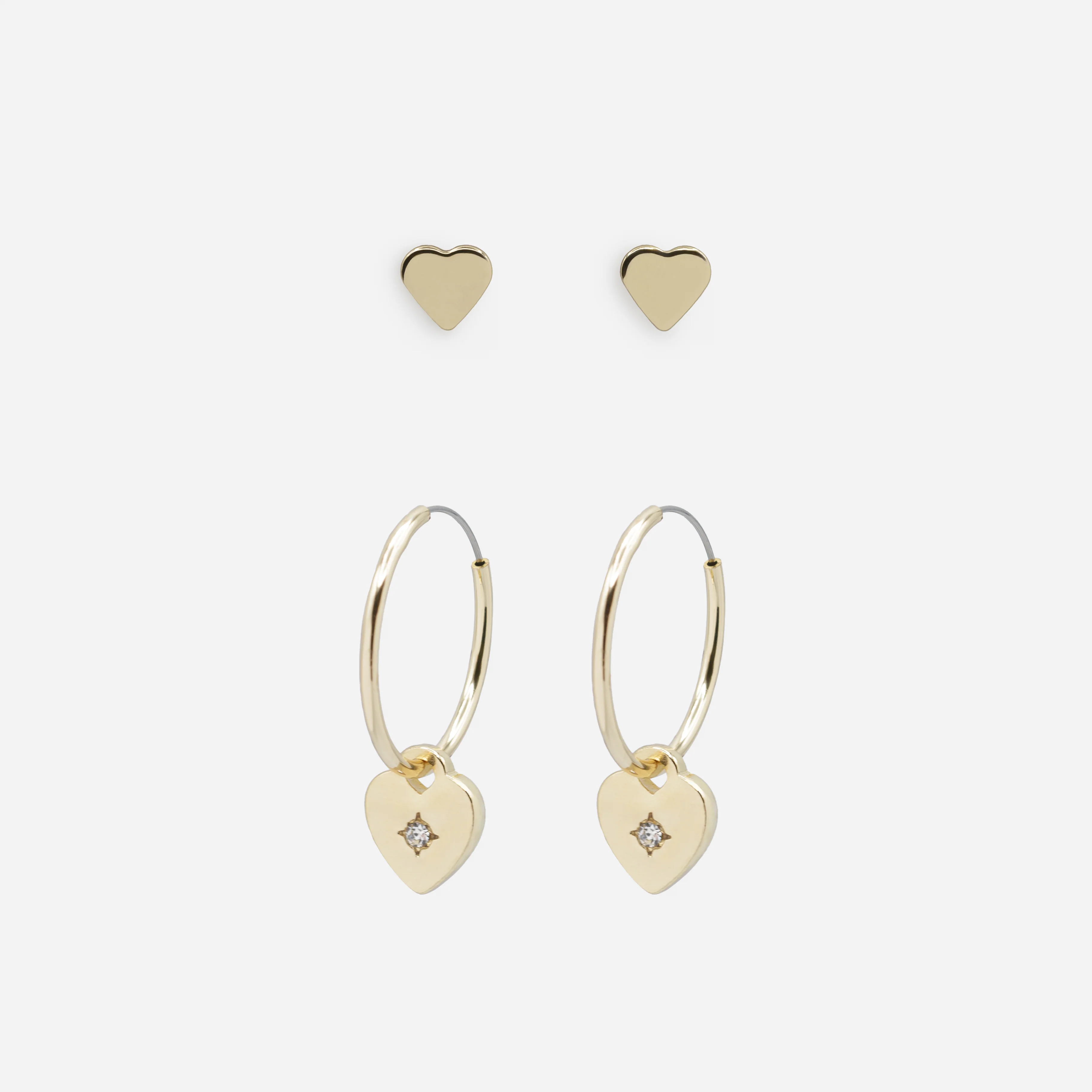 Boucles d'oreilles fixes et anneaux cœurs dorés