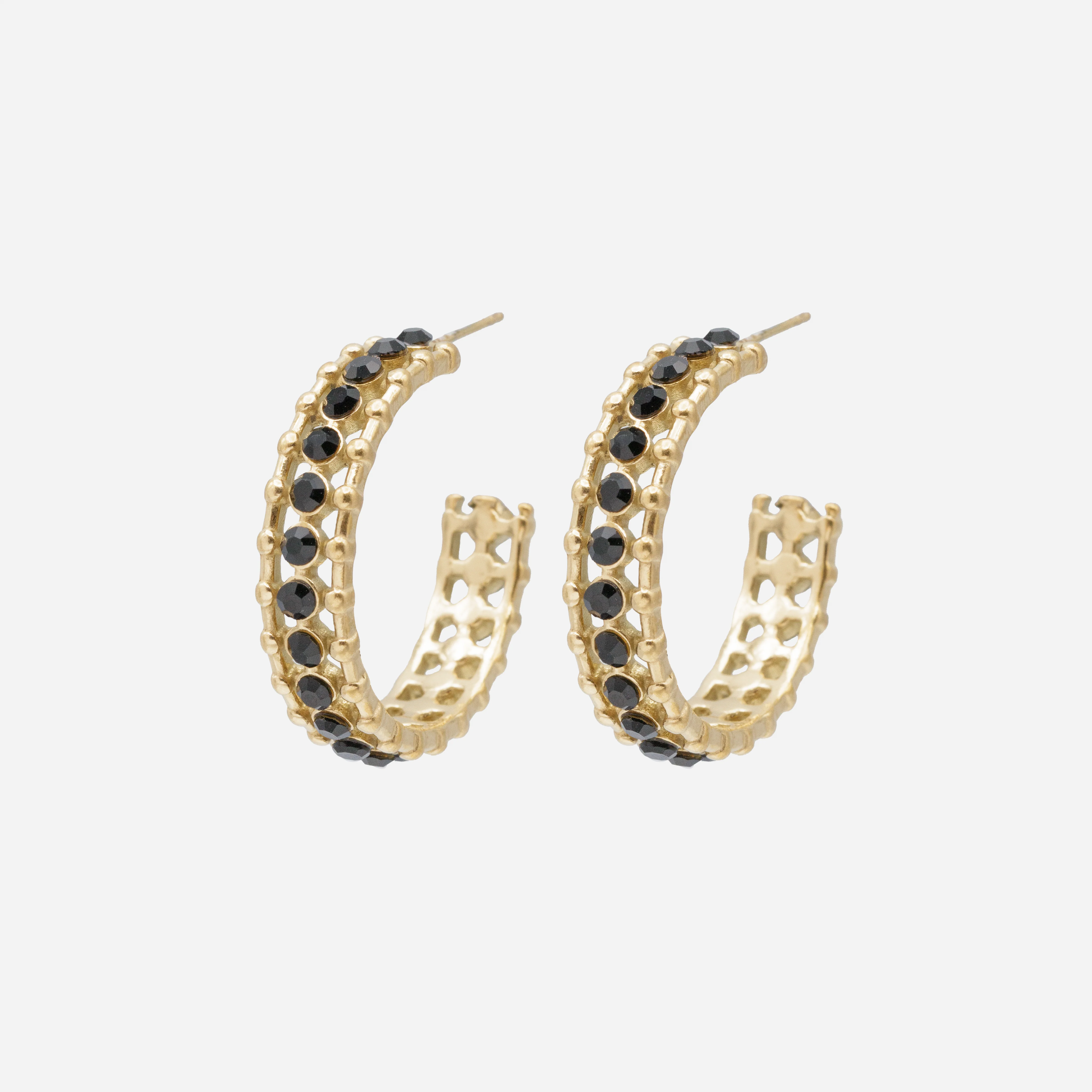 Boucles d'oreilles anneaux dorés ouverts avec zircons cubiques noirs en acier inoxydable