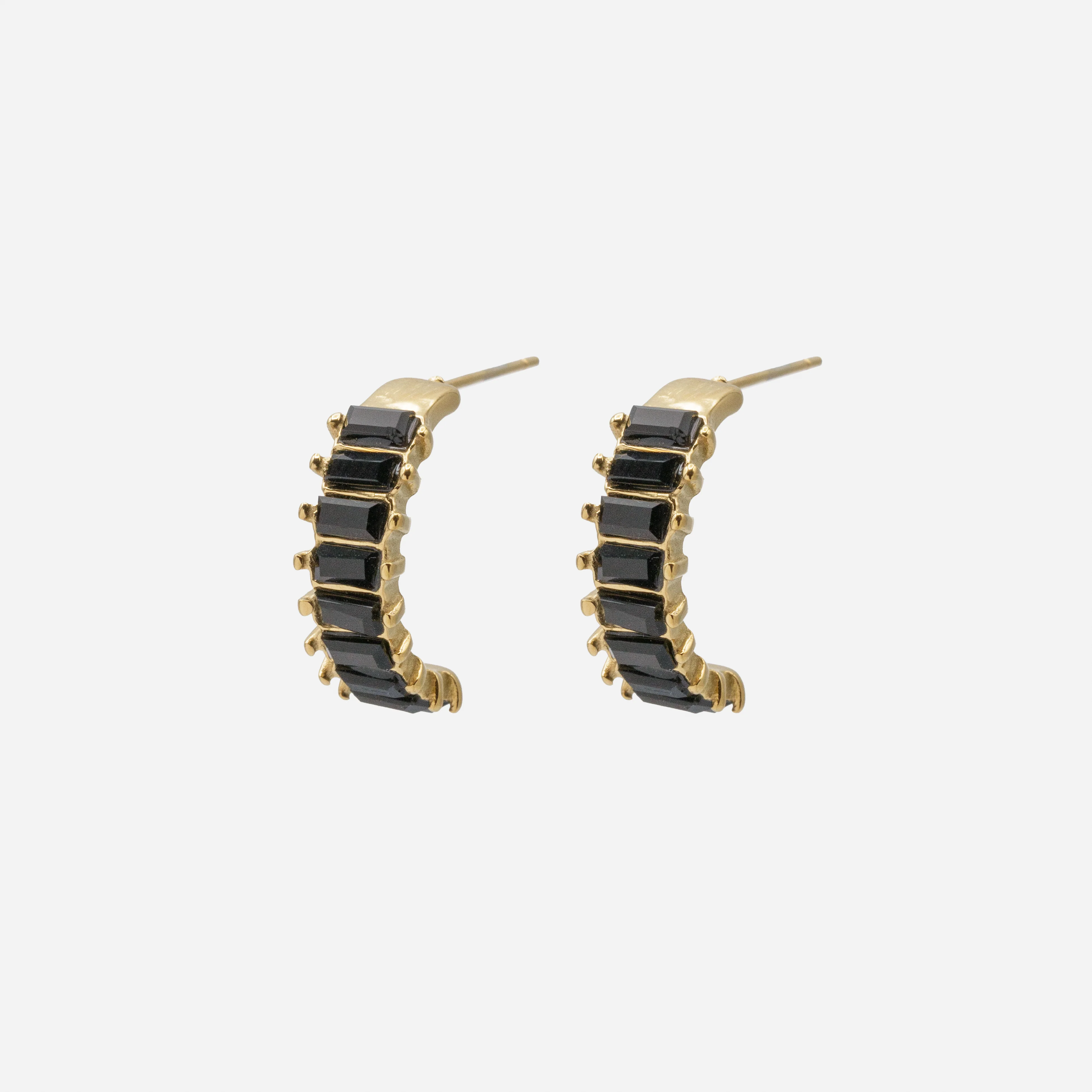 Boucles d'oreilles demi-anneaux dorés avec pierres noires en acier inoxydable