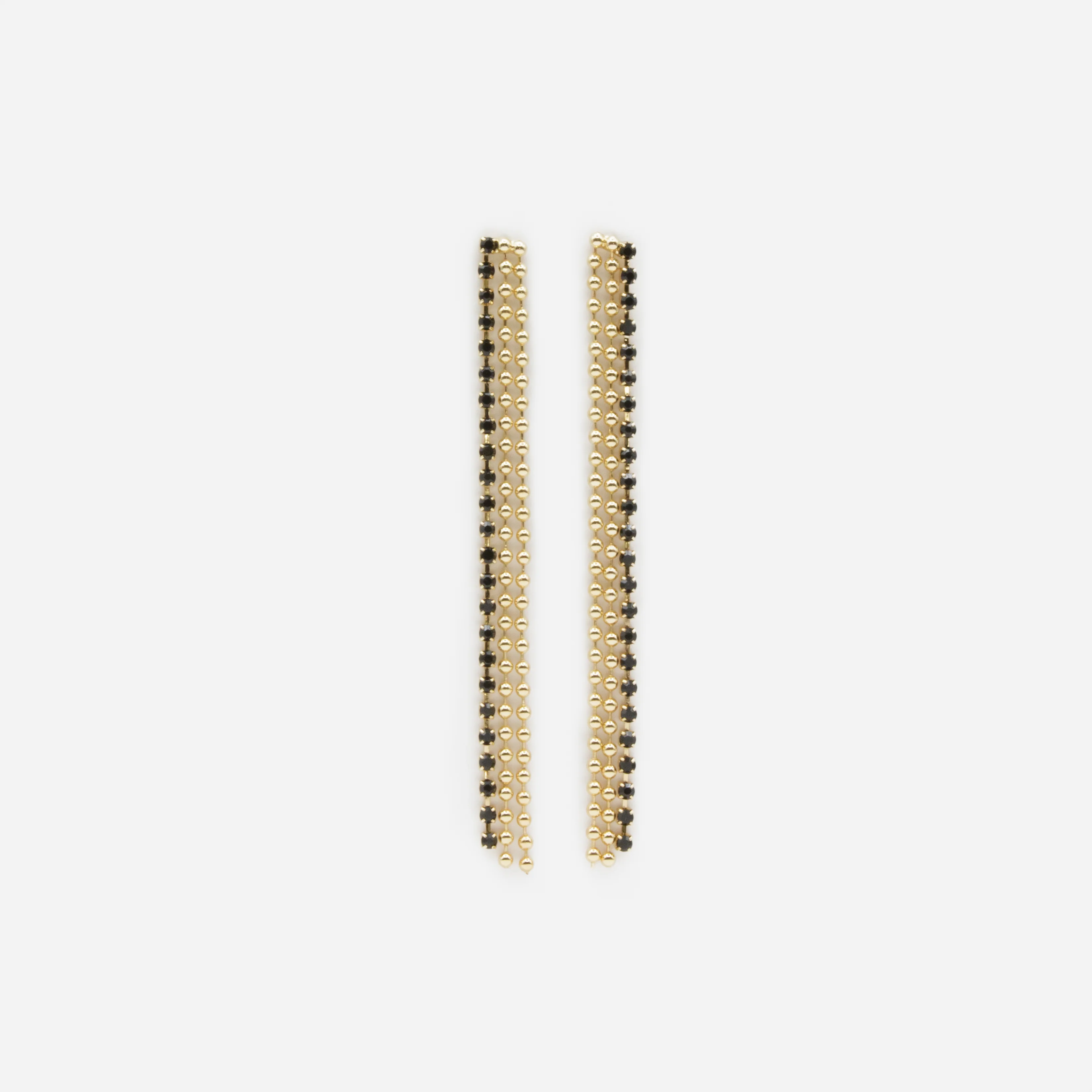 Longues boucles d'oreilles billes dorées et fines pierres noires