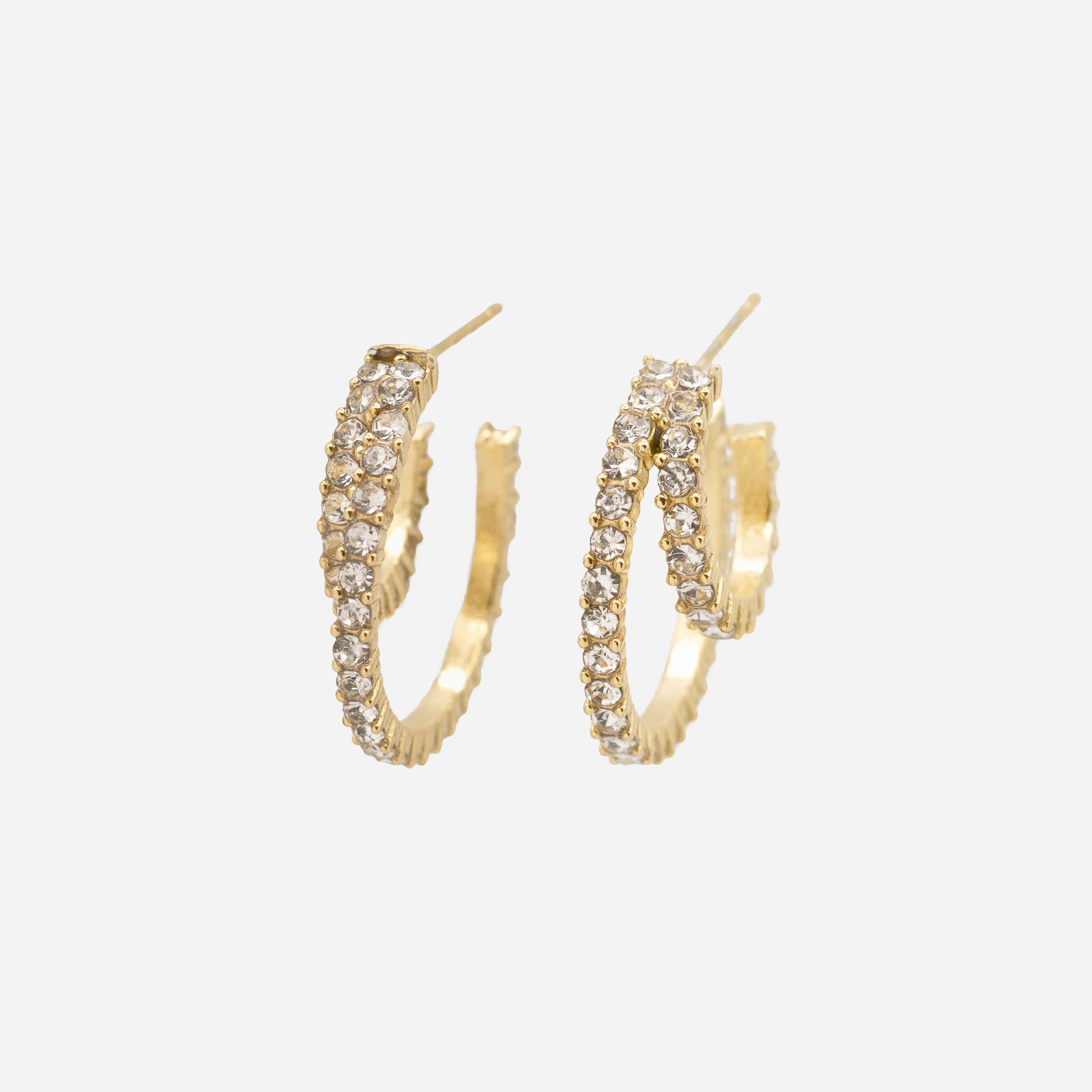 Boucles d'oreilles doubles anneaux dorés recouverts de zircons cubiques en acier inoxydable