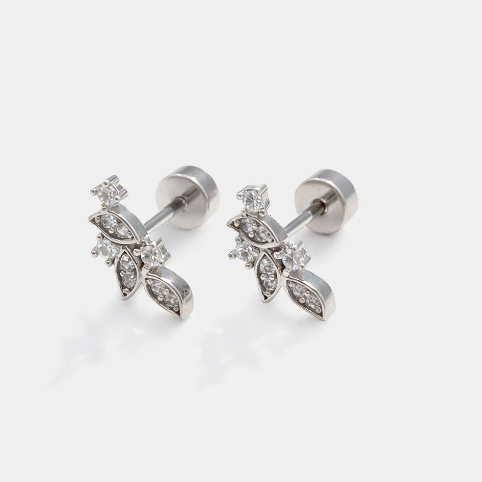 Boucles d'oreilles feuillage argenté en acier inoxydable - Image 2