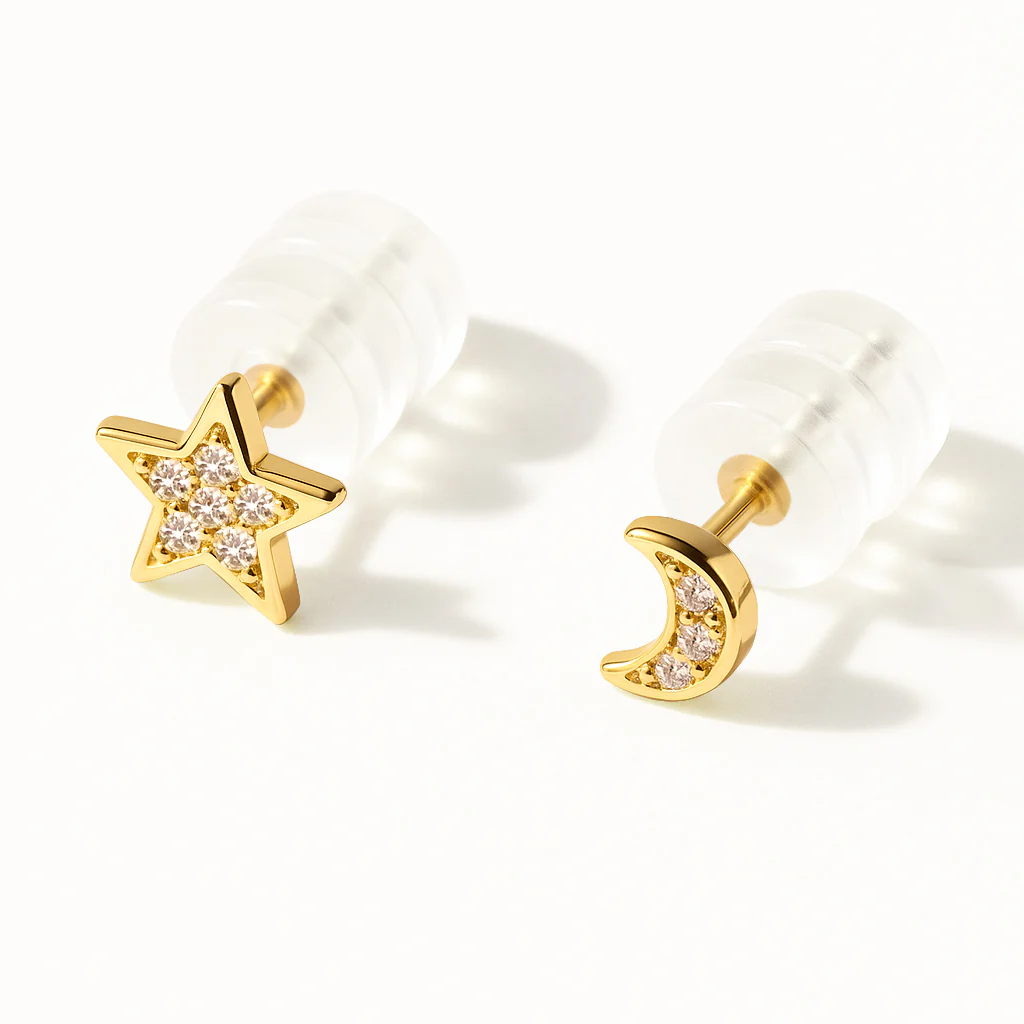 Boucles d'oreilles lune & étoile en or vermeil avec zircons cubiques - Image 3