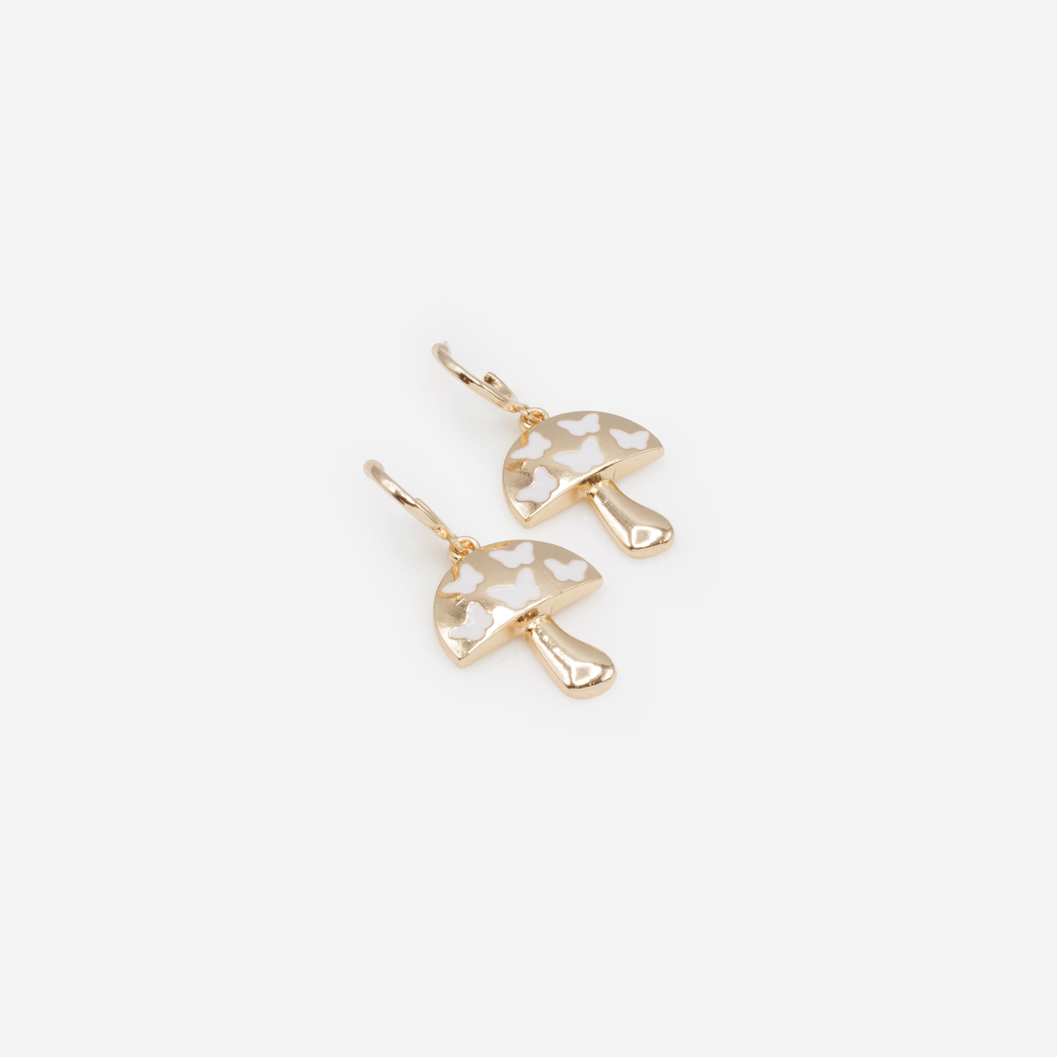 Boucles d'oreilles dorées breloque champignon avec papillons blancs - Image 2