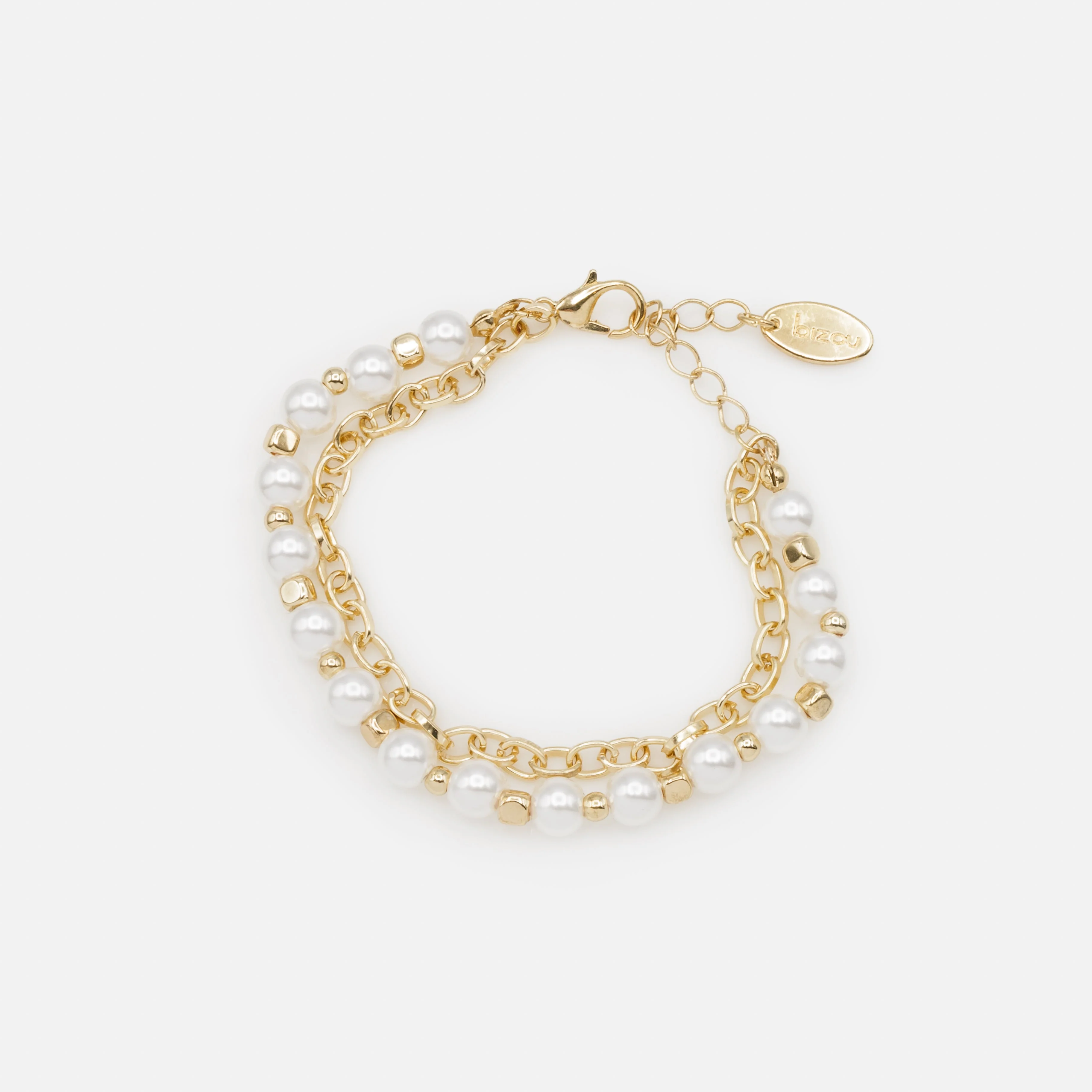 Bracelet doré double chaîne perles synthétiques et billes cubiques