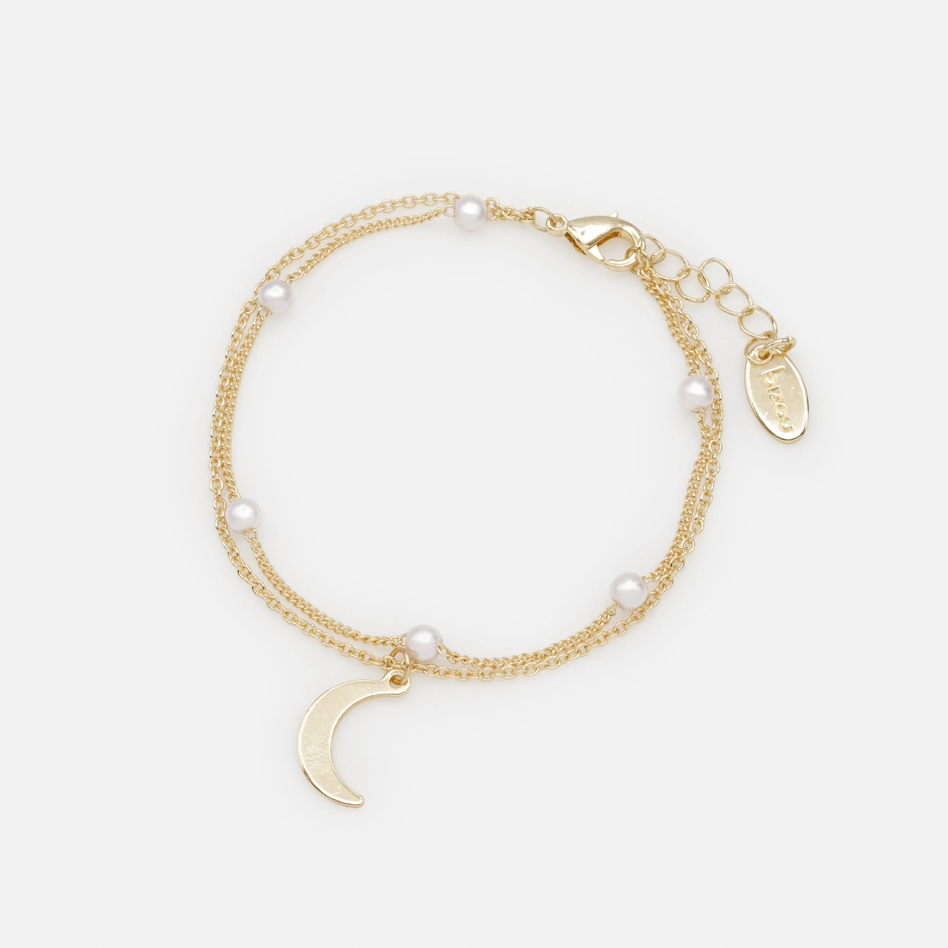 Bracelet doré double chaîne perles & breloque lune