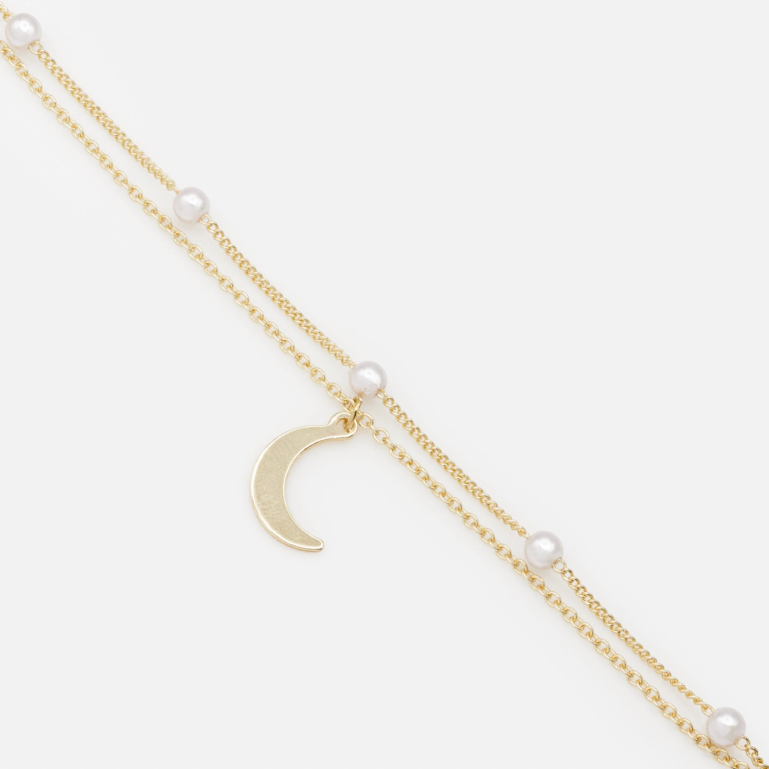 Bracelet doré double chaîne perles & breloque lune - Image 2