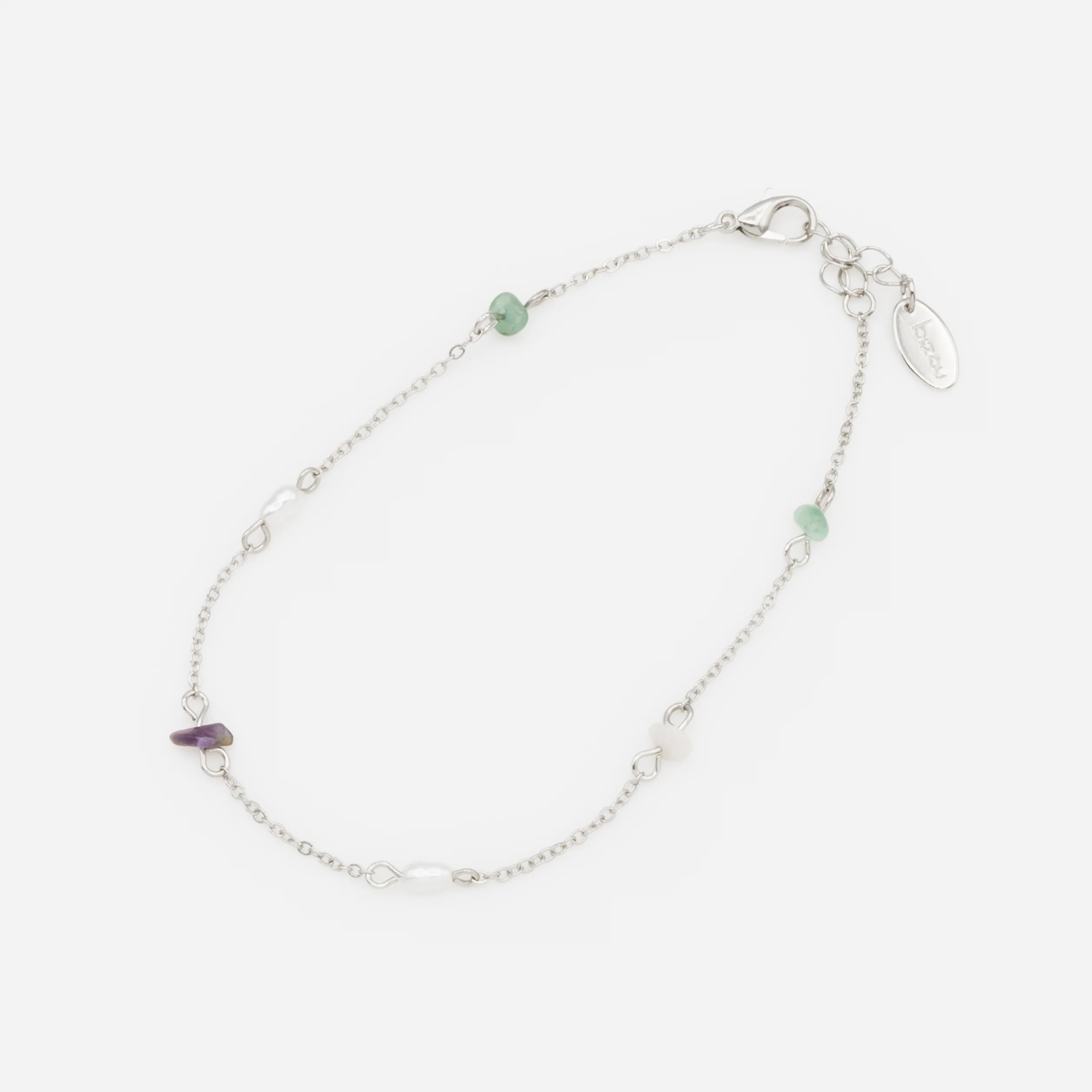 Chaîne de cheville argentée avec perles et pierres de couleur
