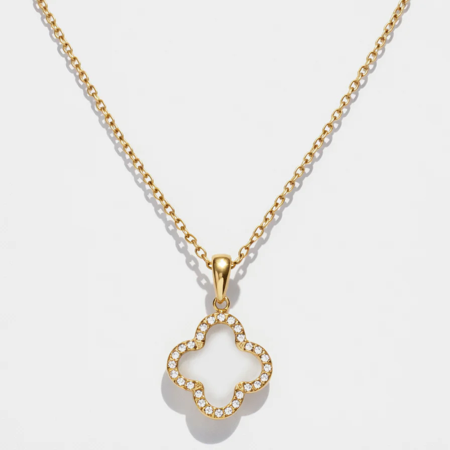 Collier doré breloque fleur en acier inoxydable & zircons cubiques