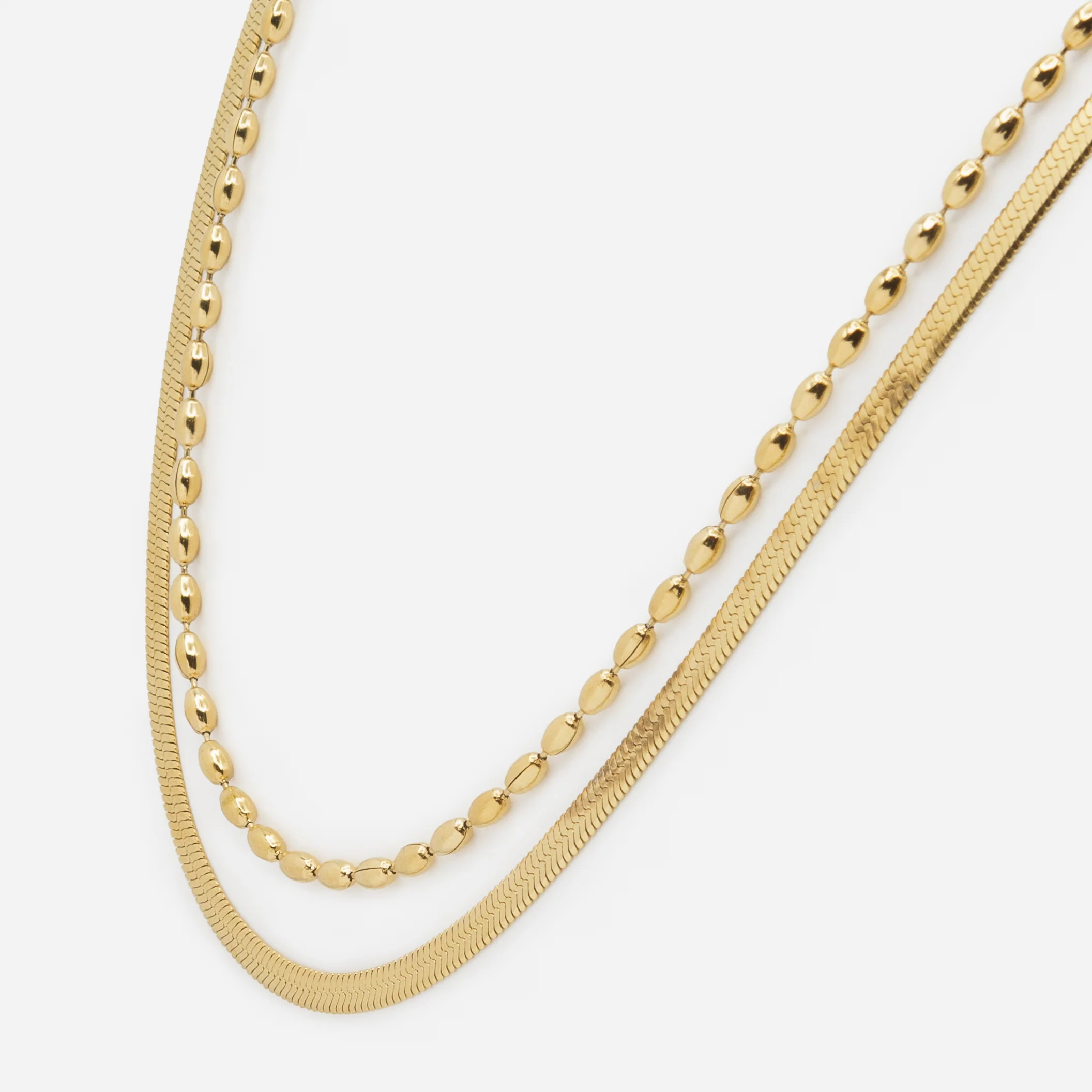 Collier doré double chaîne à mailles serpentines plates et billes allongées en acier inoxydable - Image 2