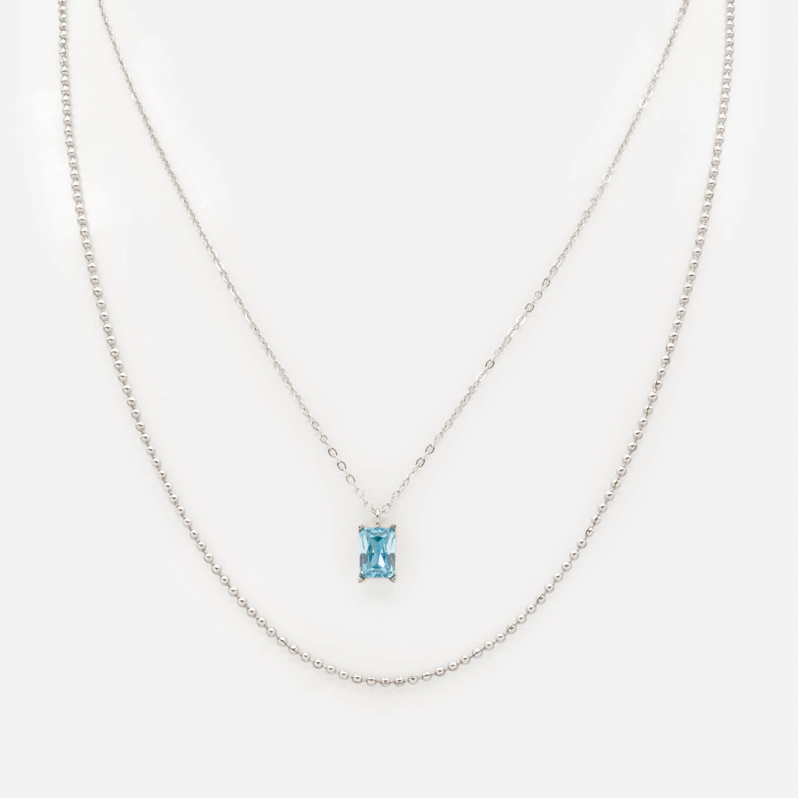 Collier argenté double chaîne avec pierre bleue en acier inoxydable