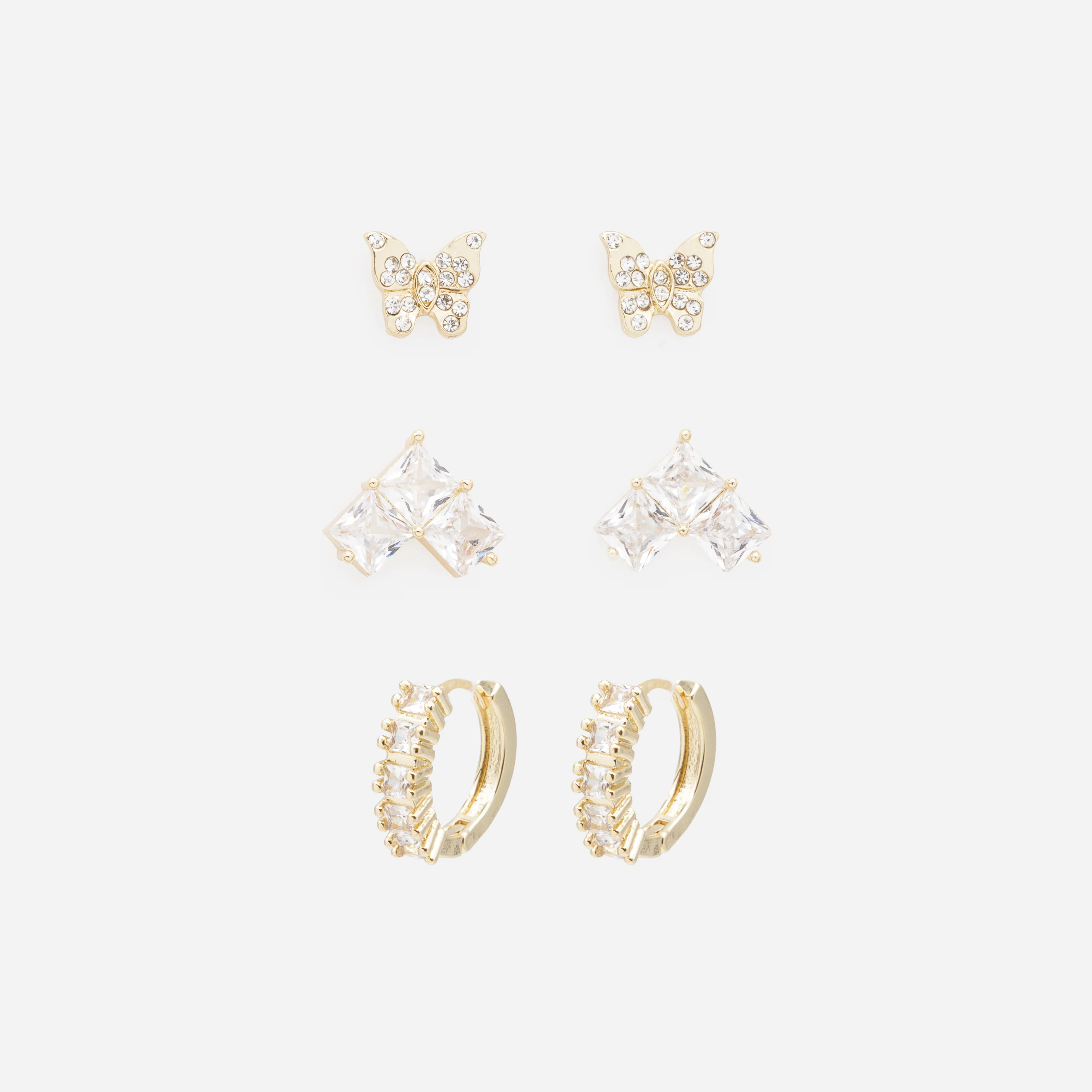 Trio de boucles d'oreilles dorées pierres carrées et papillons