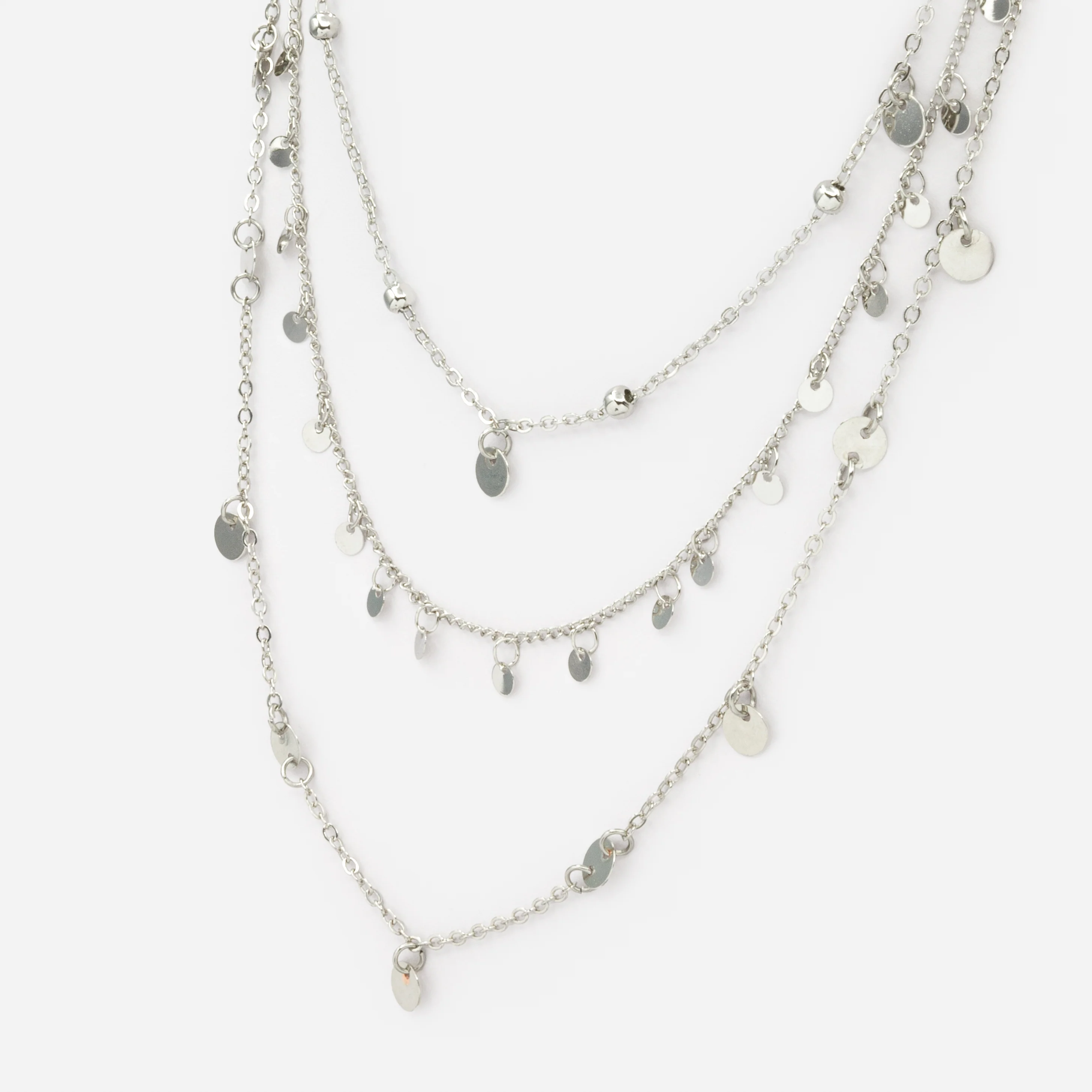 Collier triple chaîne avec billes et disques argentés - Image 2