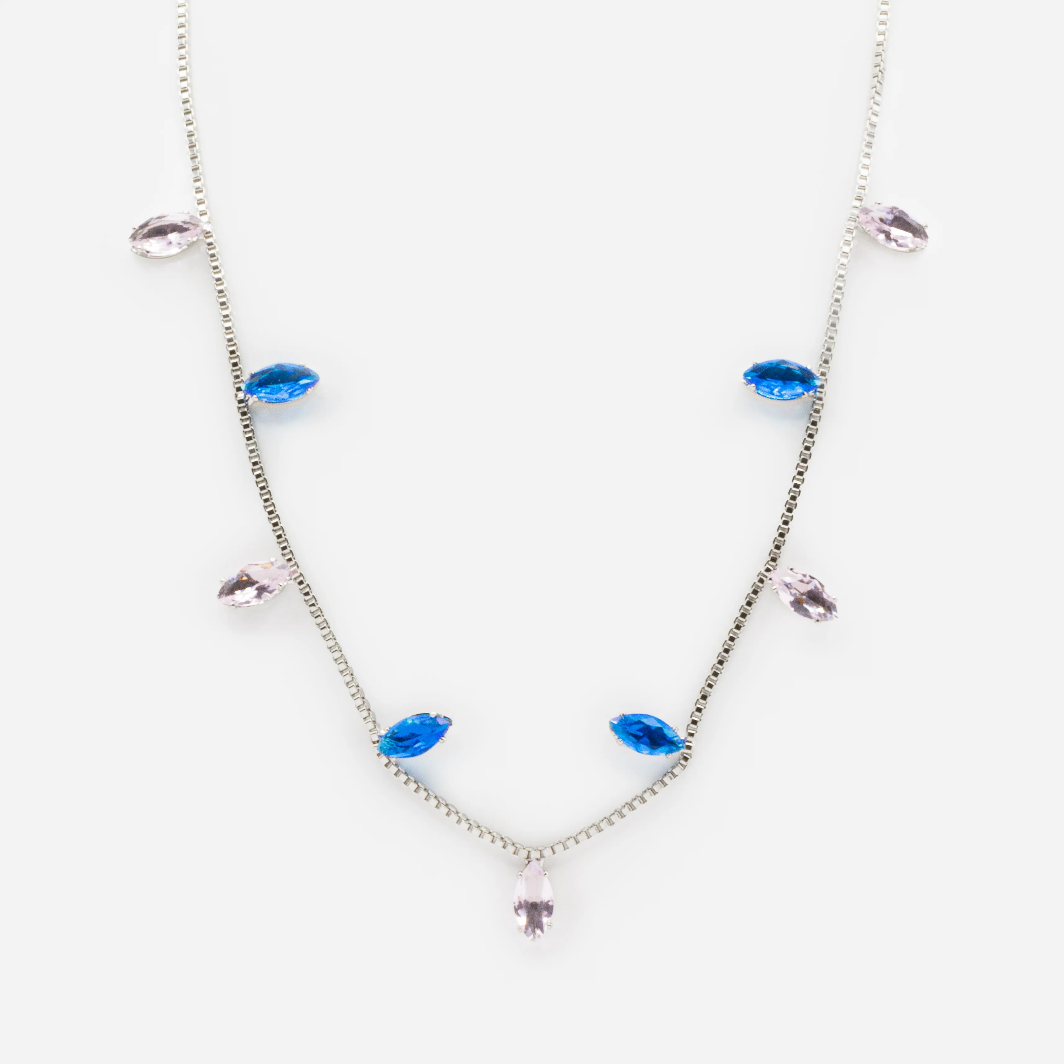 Collier argenté ajustable avec pierres roses et bleues