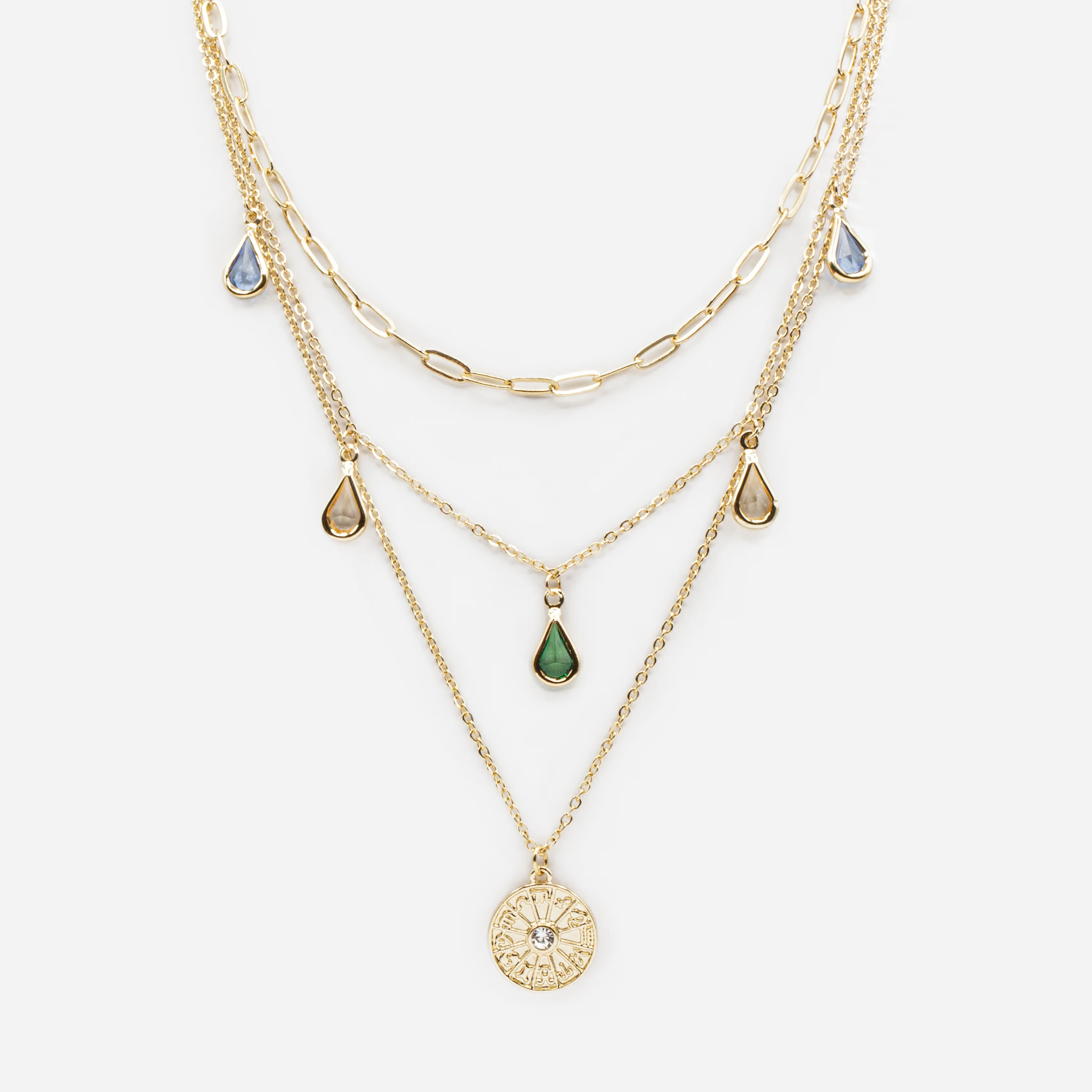 Collier triple chaîne dorée breloques pierres colorées et disque avec signes astrologiques