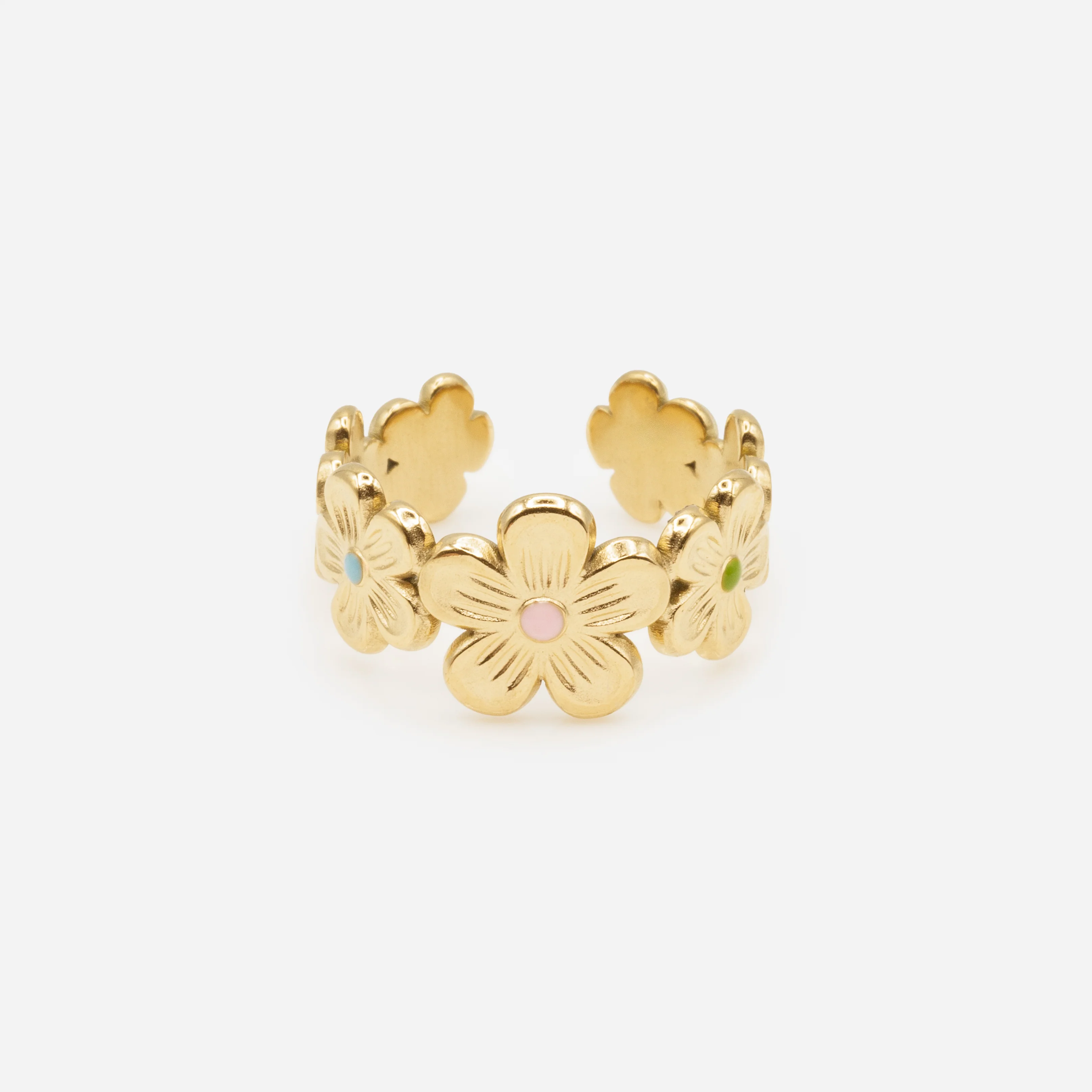 Bague ouverte dorée couronne de fleurs en acier inoxydable
