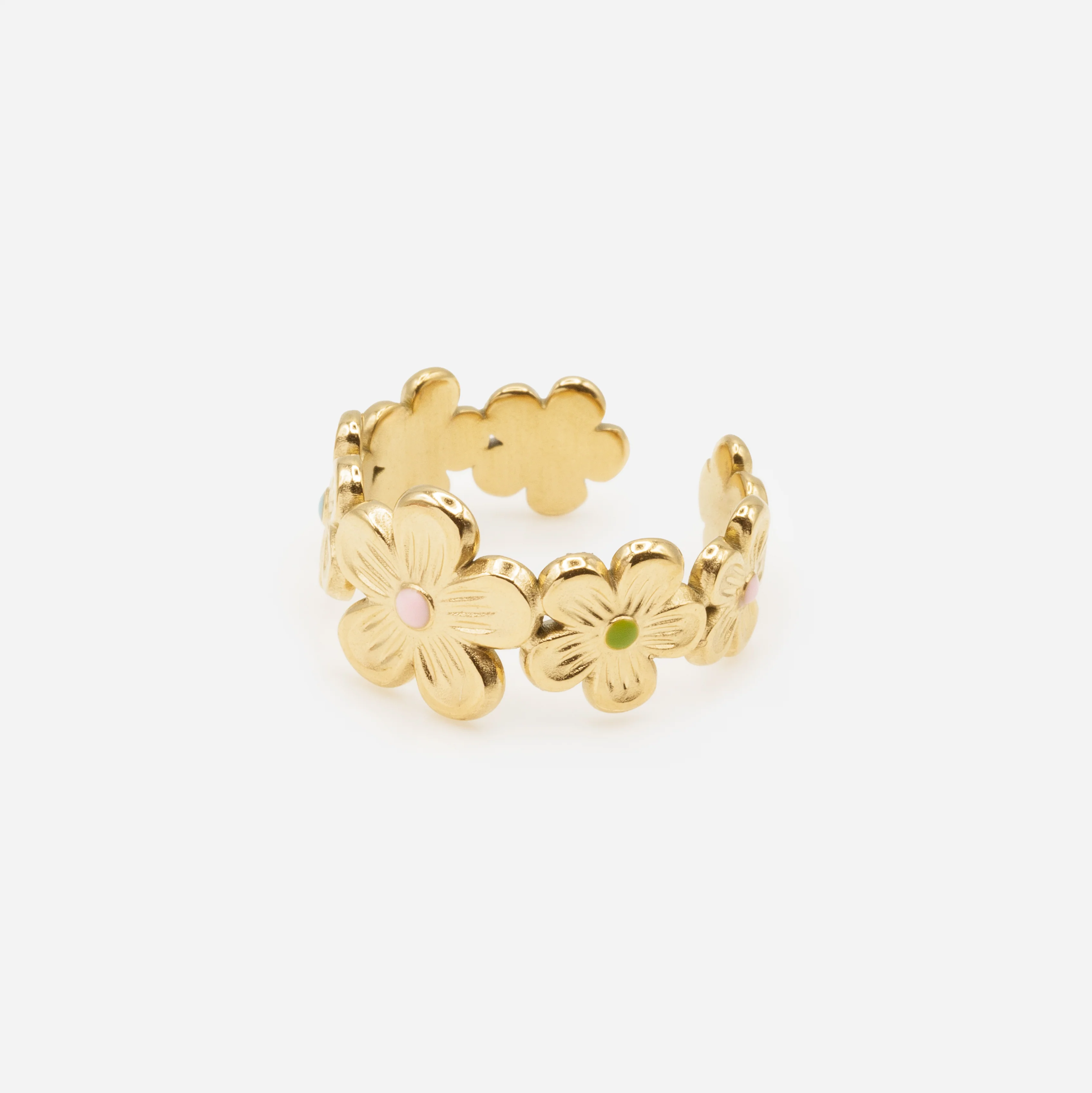 Bague ouverte dorée couronne de fleurs en acier inoxydable - Image 2