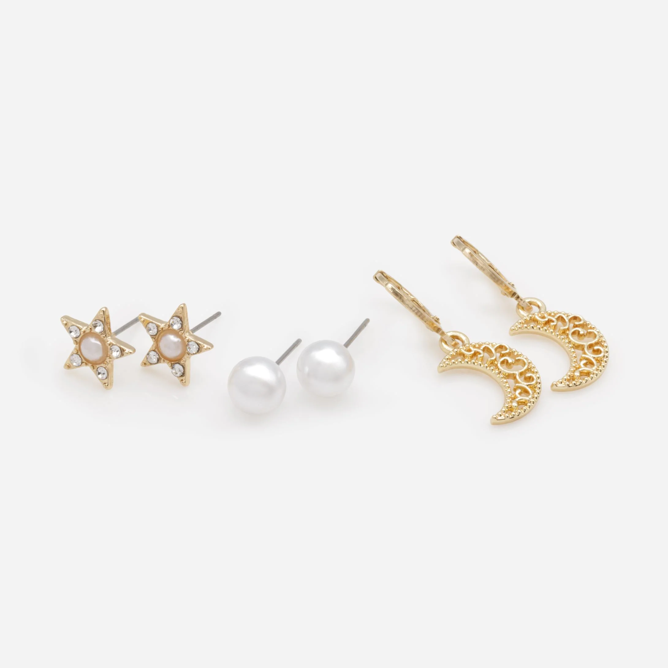 Duo de boucles d'oreilles perles et étoiles avec huggies dorées à breloque croissant de lune - Image 2