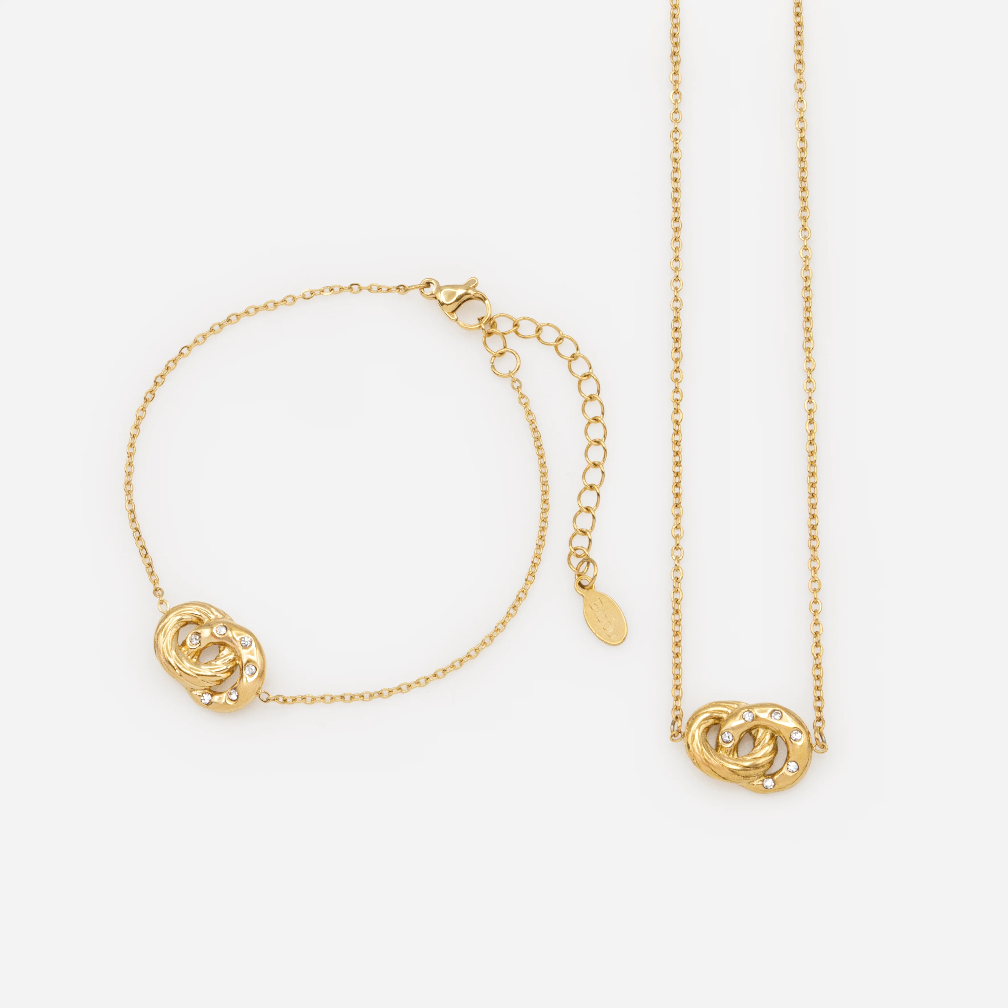 Ensemble collier et bracelet dorés anneaux entrecroisés en acier inoxydable