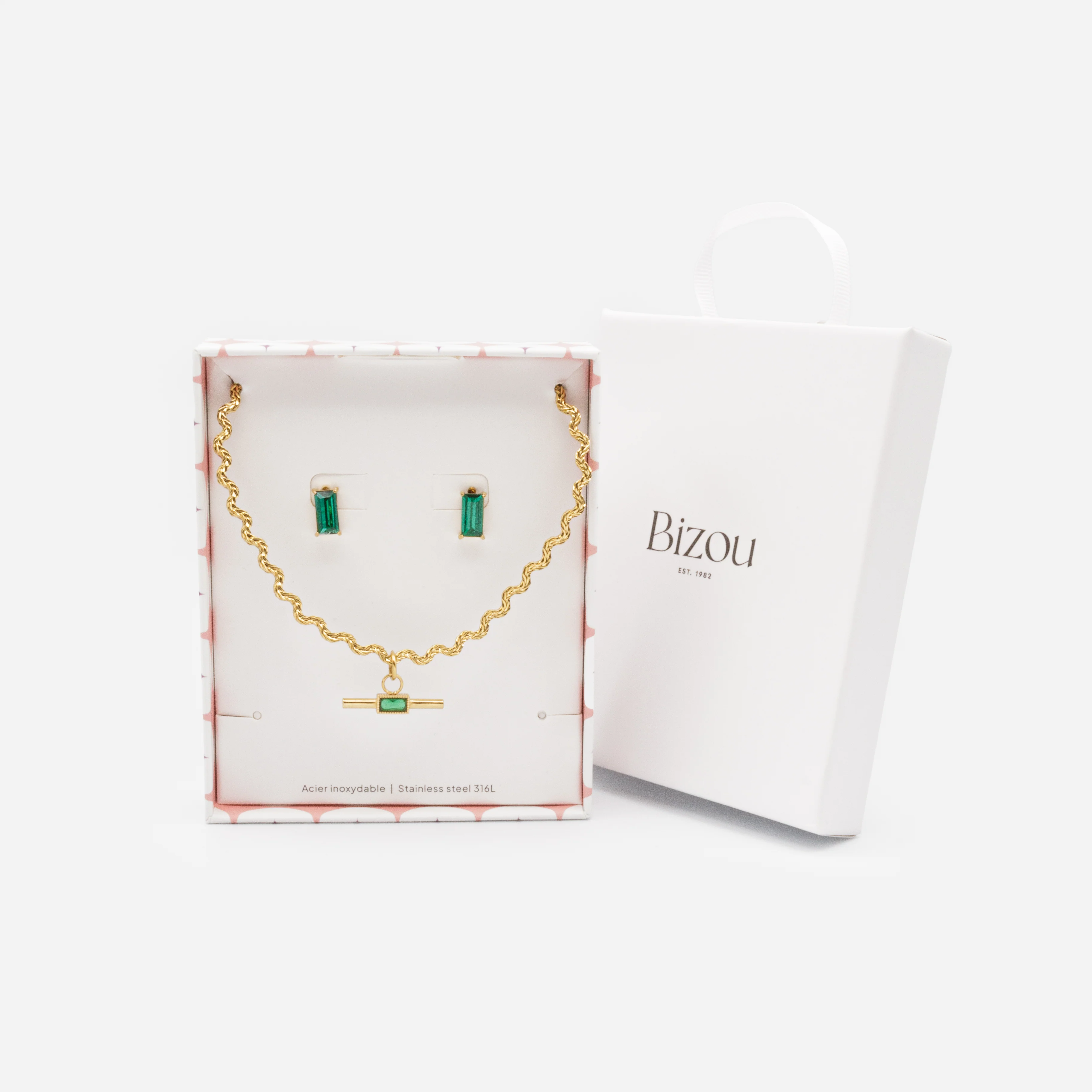 Ensemble collier et boucles d'oreilles dorés avec pierres émeraude en acier inoxydable - Image 4