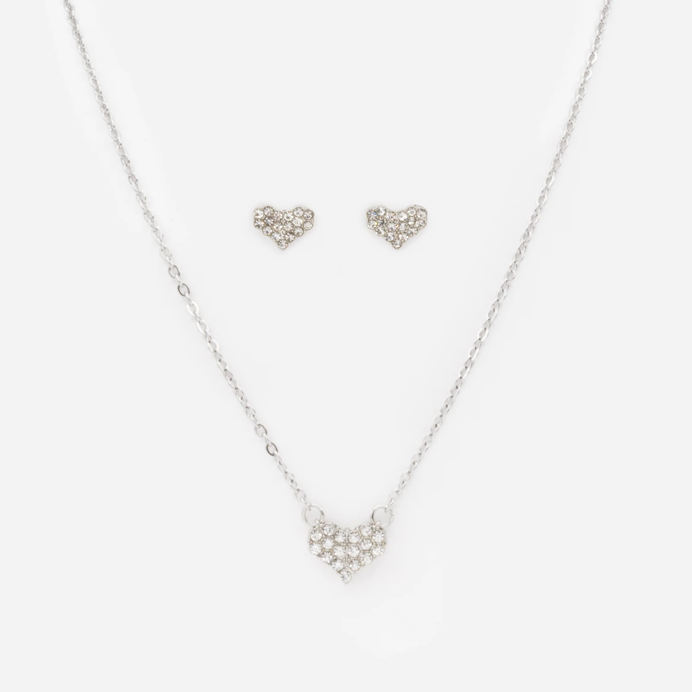 Ensemble collier et boucles d'oreilles coeurs argent avec zircons cubiques en acier inoxydable