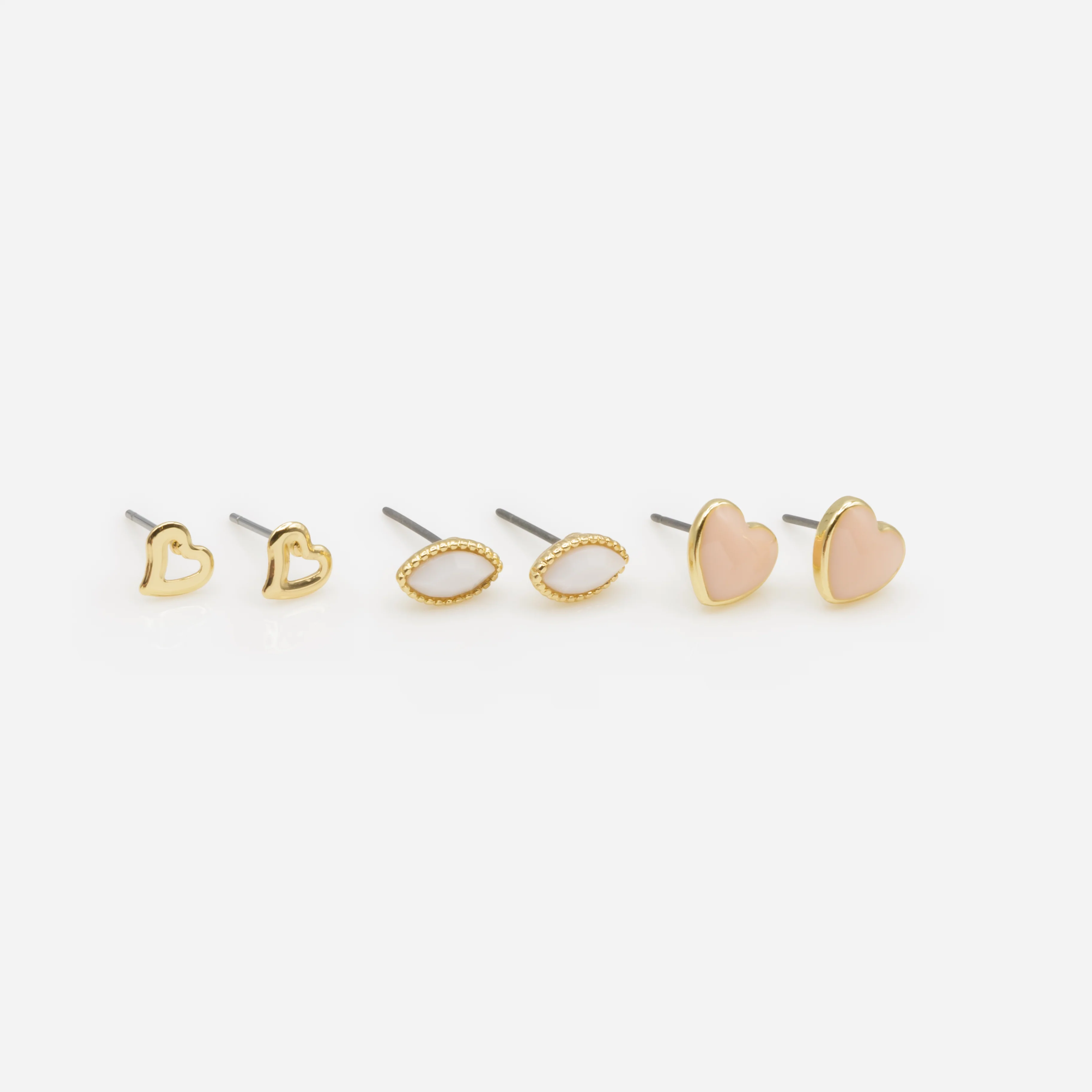 Trio de boucles d'oreilles fixes dorées coeurs et pétales - Image 2