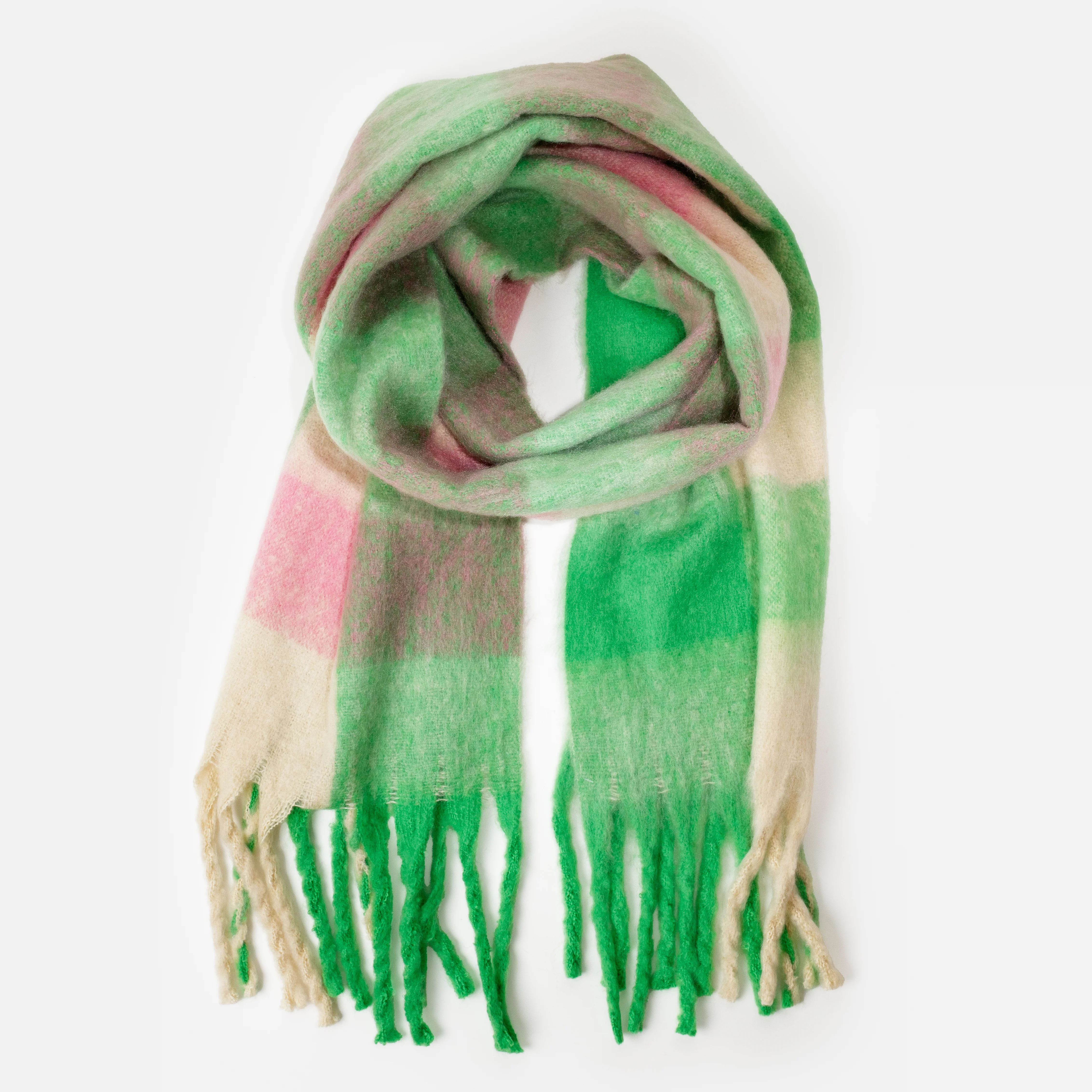 Foulard douillet vert à carreaux roses et beiges