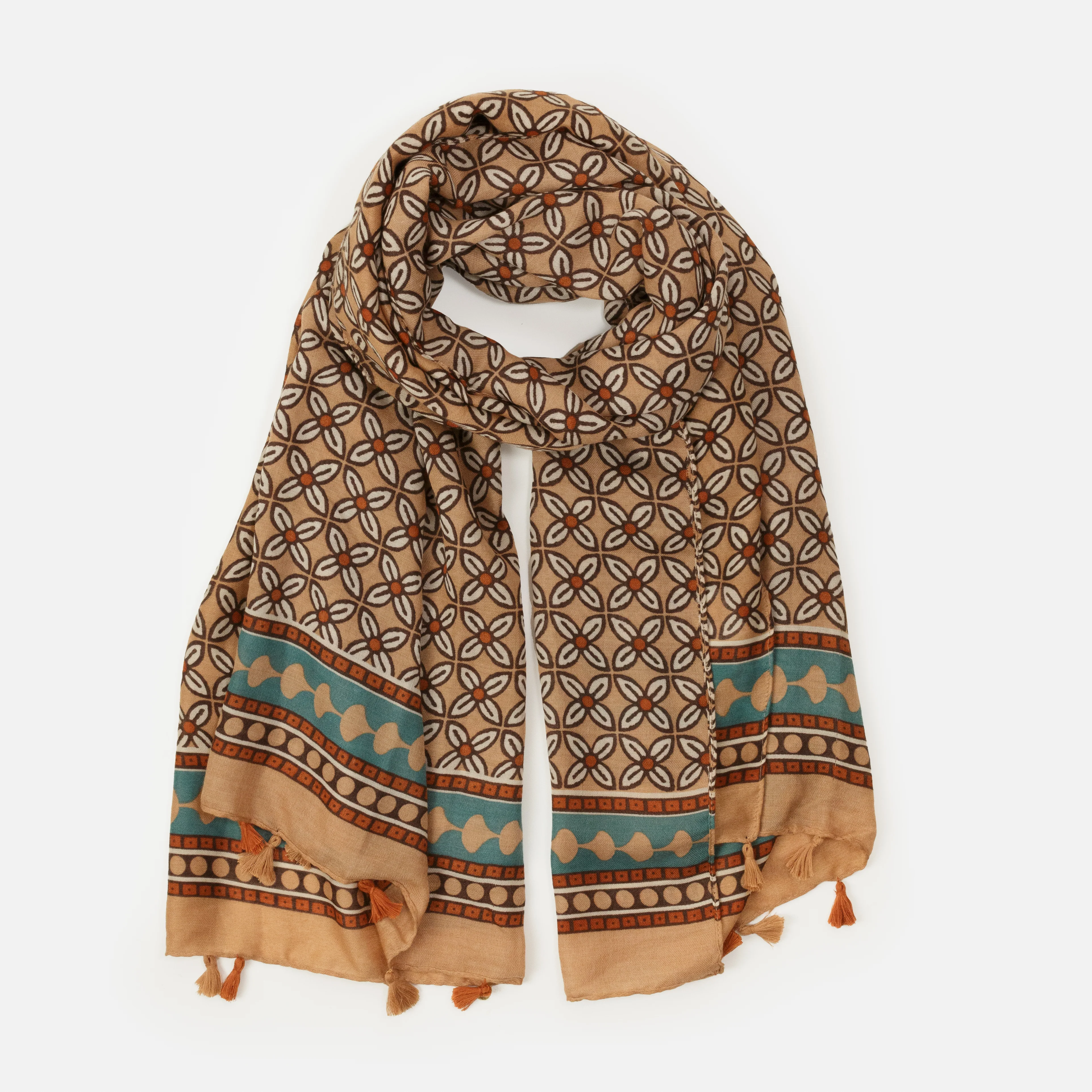 Foulard léger à imprimé floral brun et turquoise avec pampilles