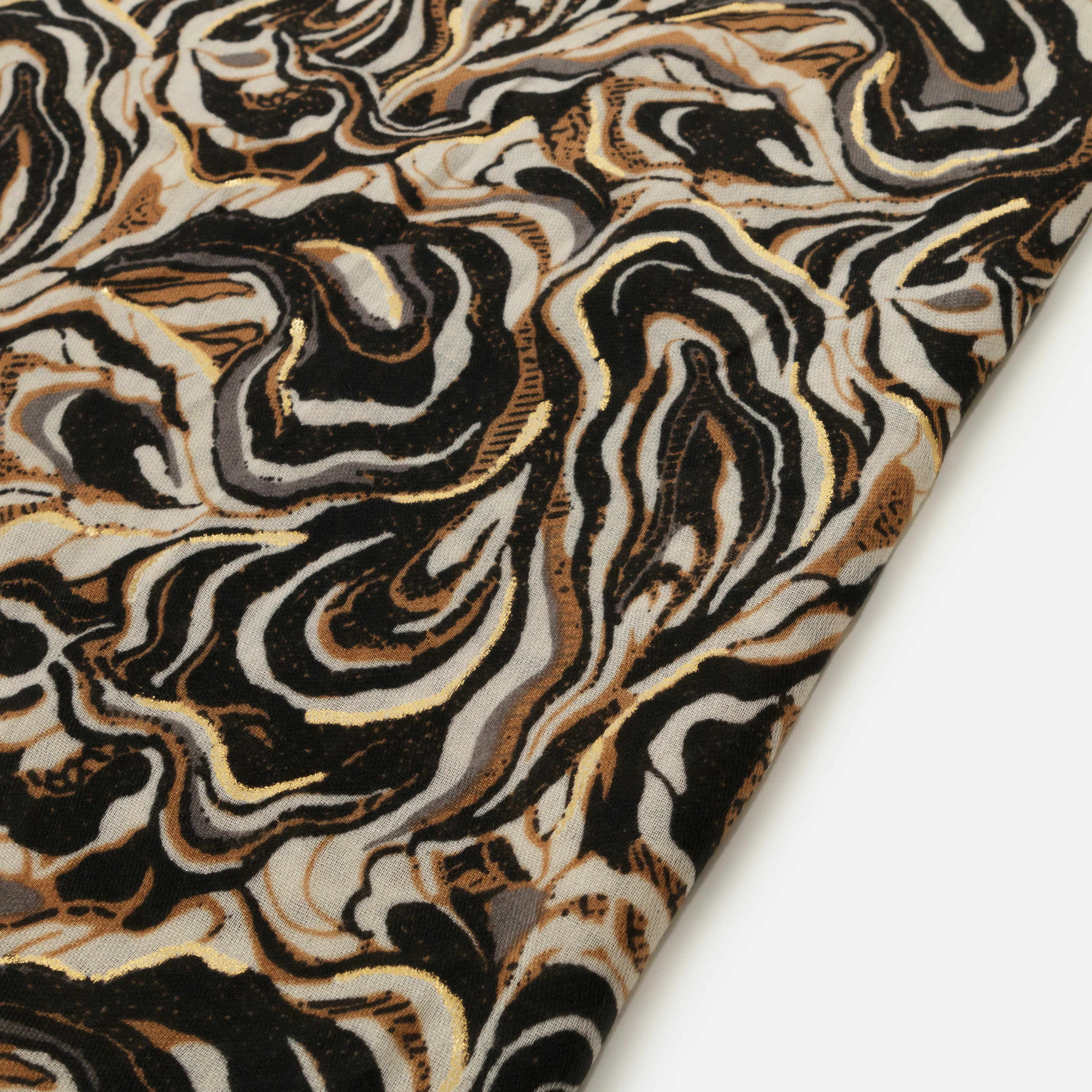 Foulard léger imprimé à motif abstrait noir et brun avec touches dorées - Image 2