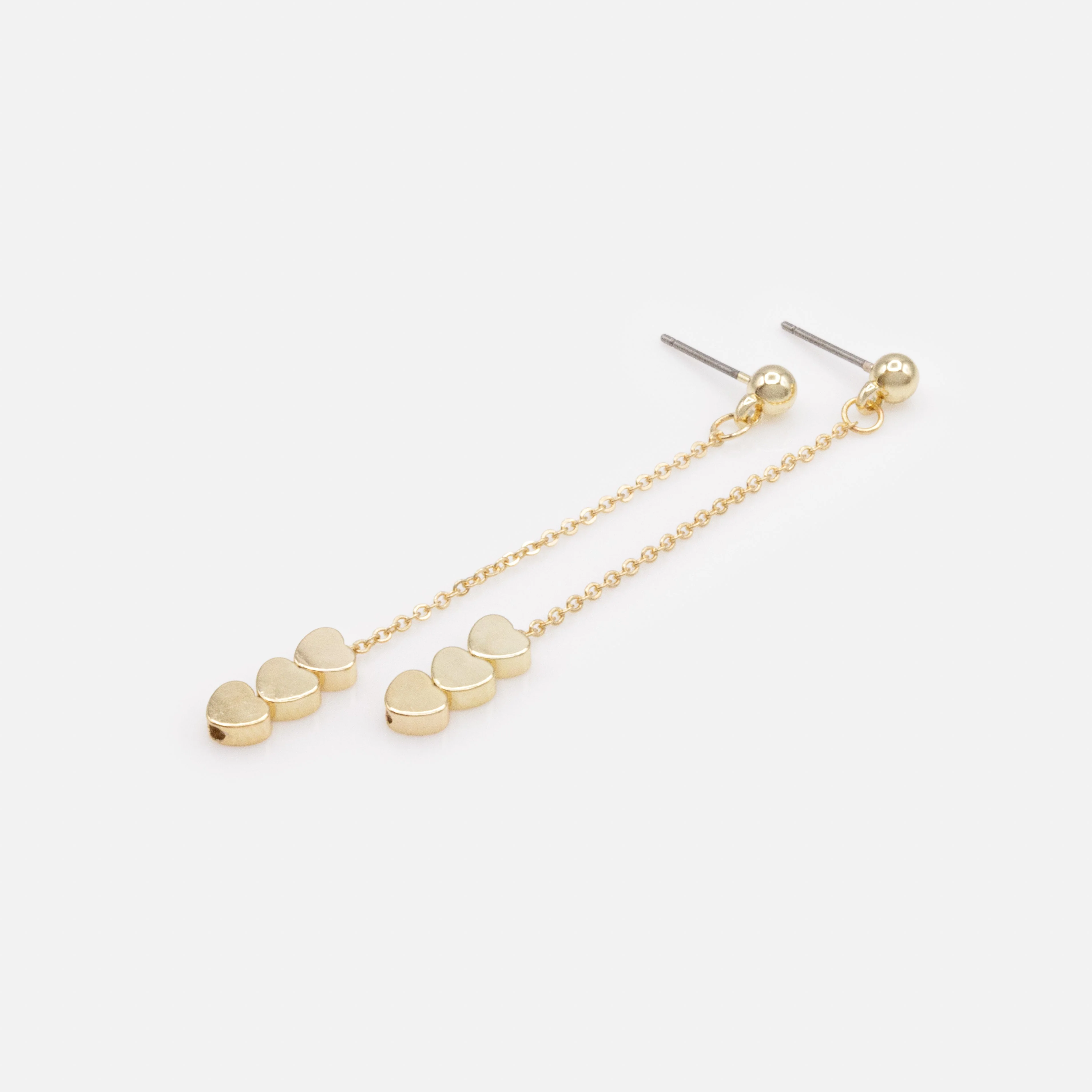 Longues boucles d'oreilles dorées avec trio de cœurs plats - Image 2