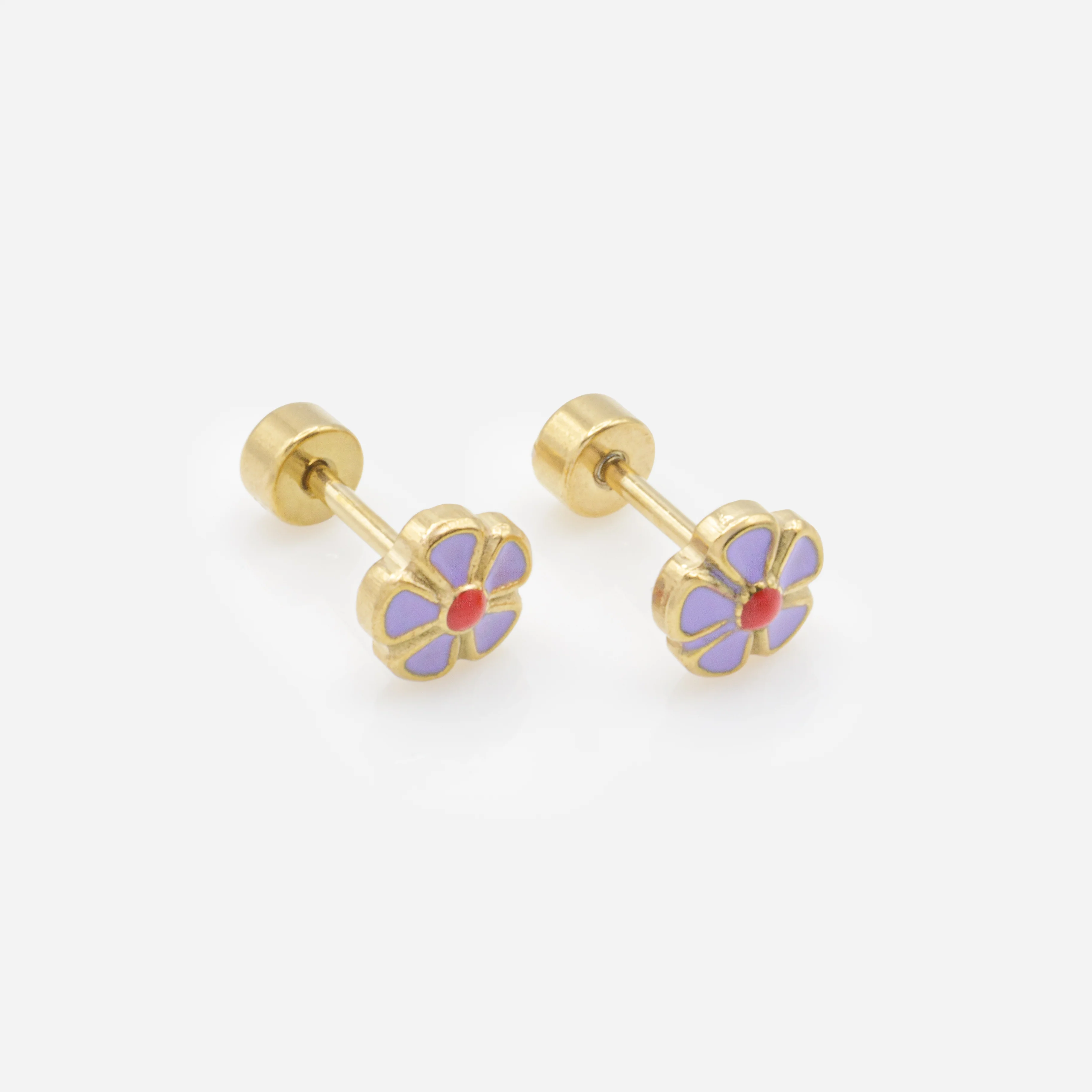 Mini boucles d'oreilles dorées fleurs mauves et rouges en acier inoxydable - Image 2