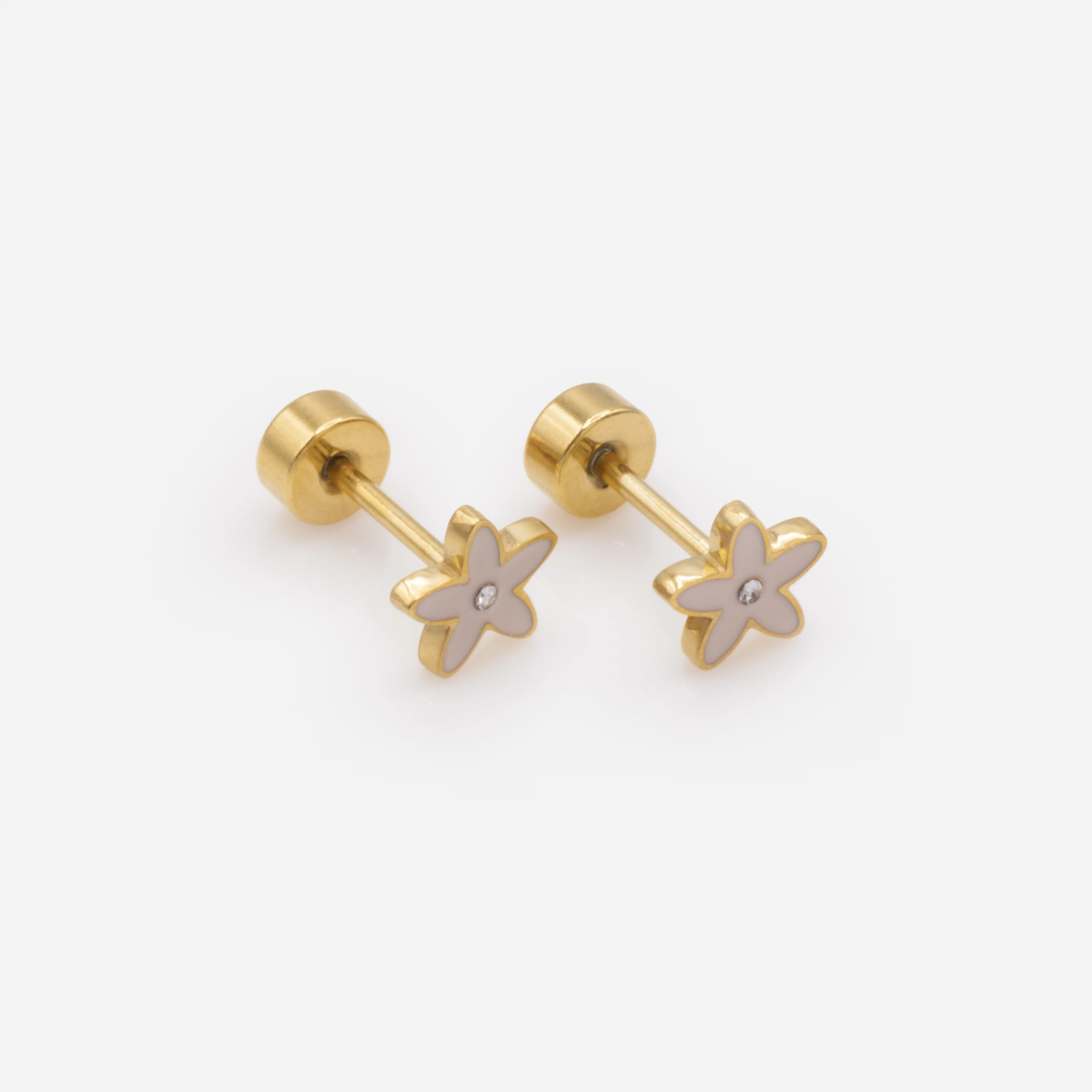 Mini boucles d'oreilles dorées fleurs rose pâle avec zircon cubique central en acier inoxydable - Image 2