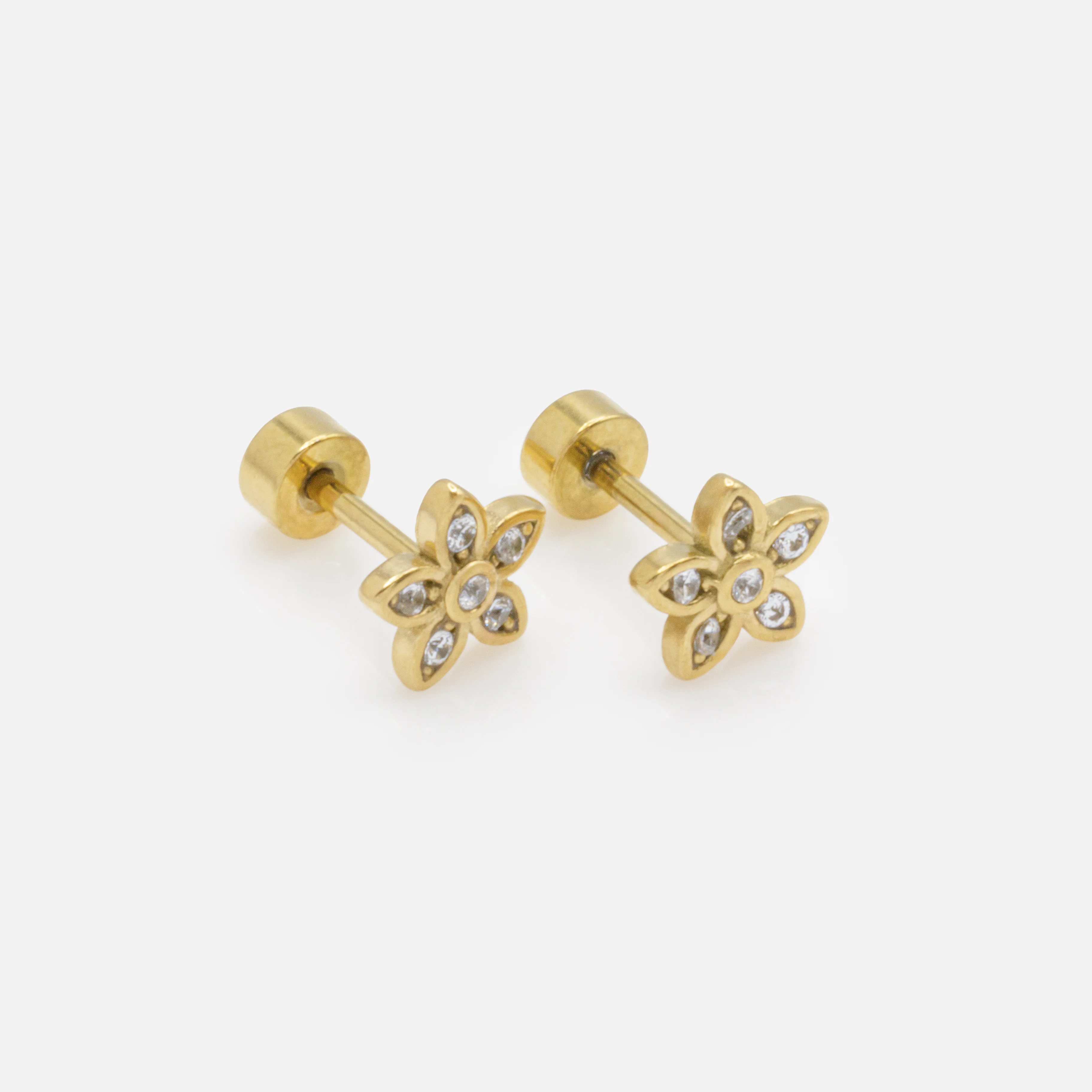 Mini boucles d'oreilles fleurs dorées avec zircons cubiques en acier inoxydable - Image 2