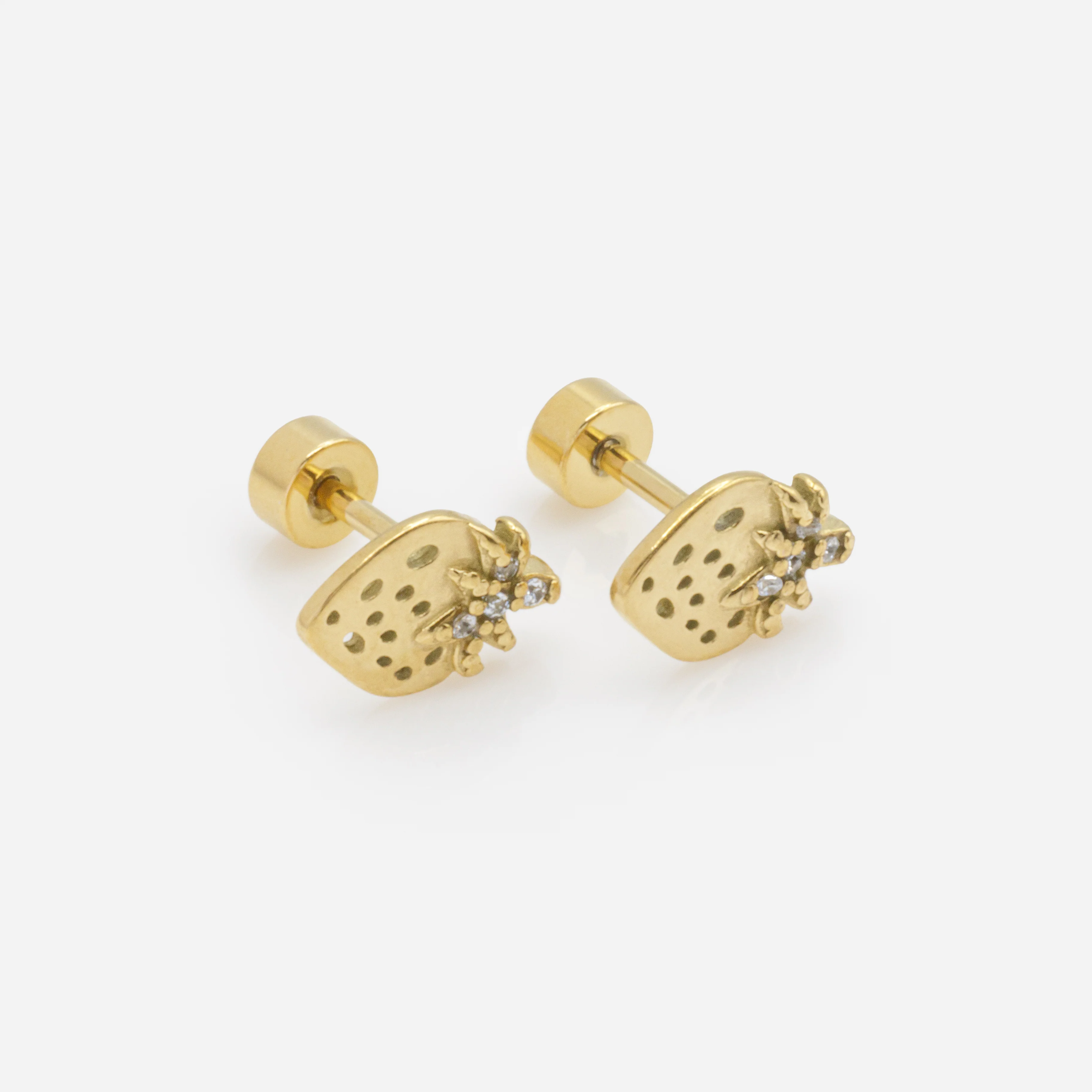 Mini boucles d'oreilles fraises dorées avec zircons cubiques en acier inoxydable - Image 2