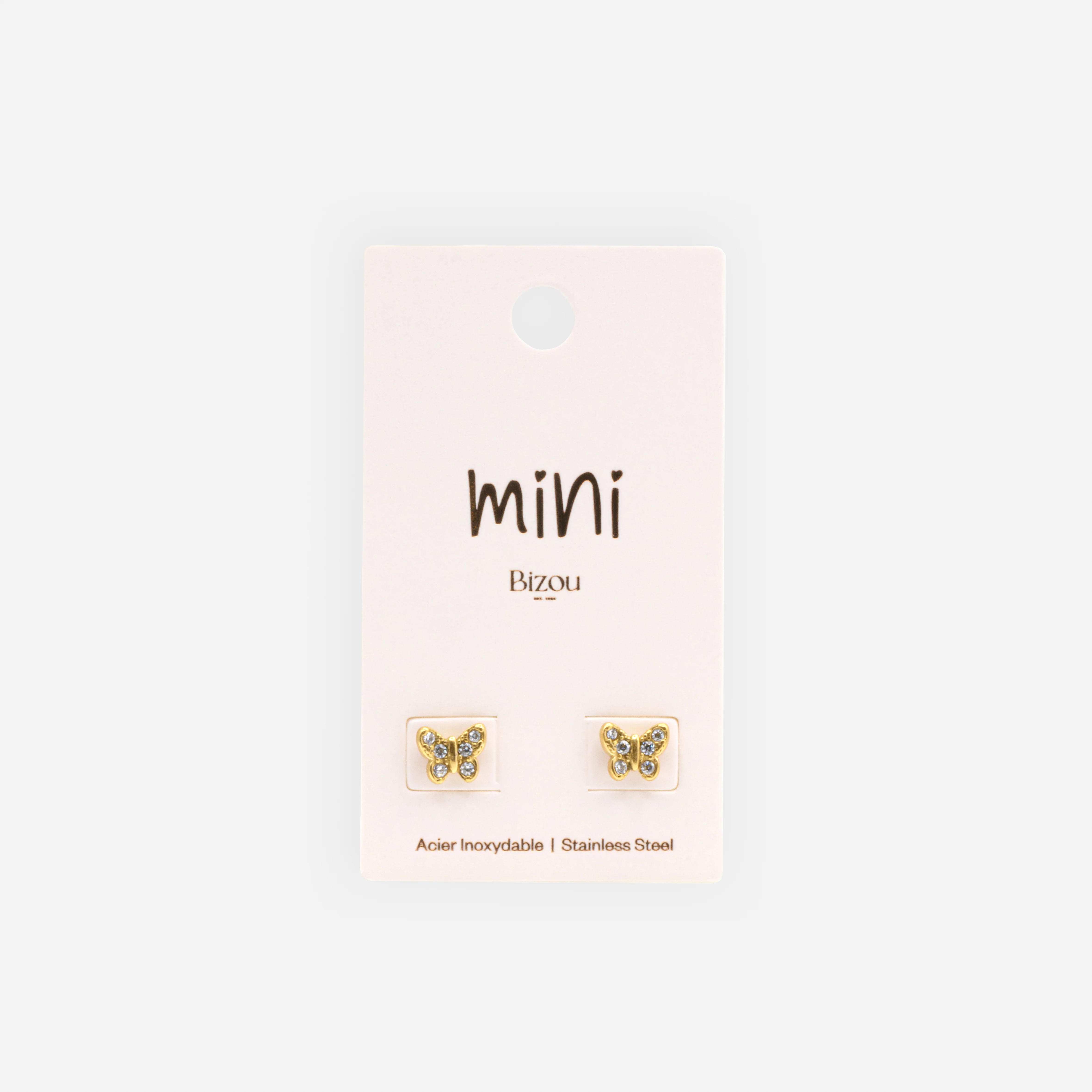 Mini boucles d'oreilles papillons dorés avec zircons cubiques en acier inoxydable