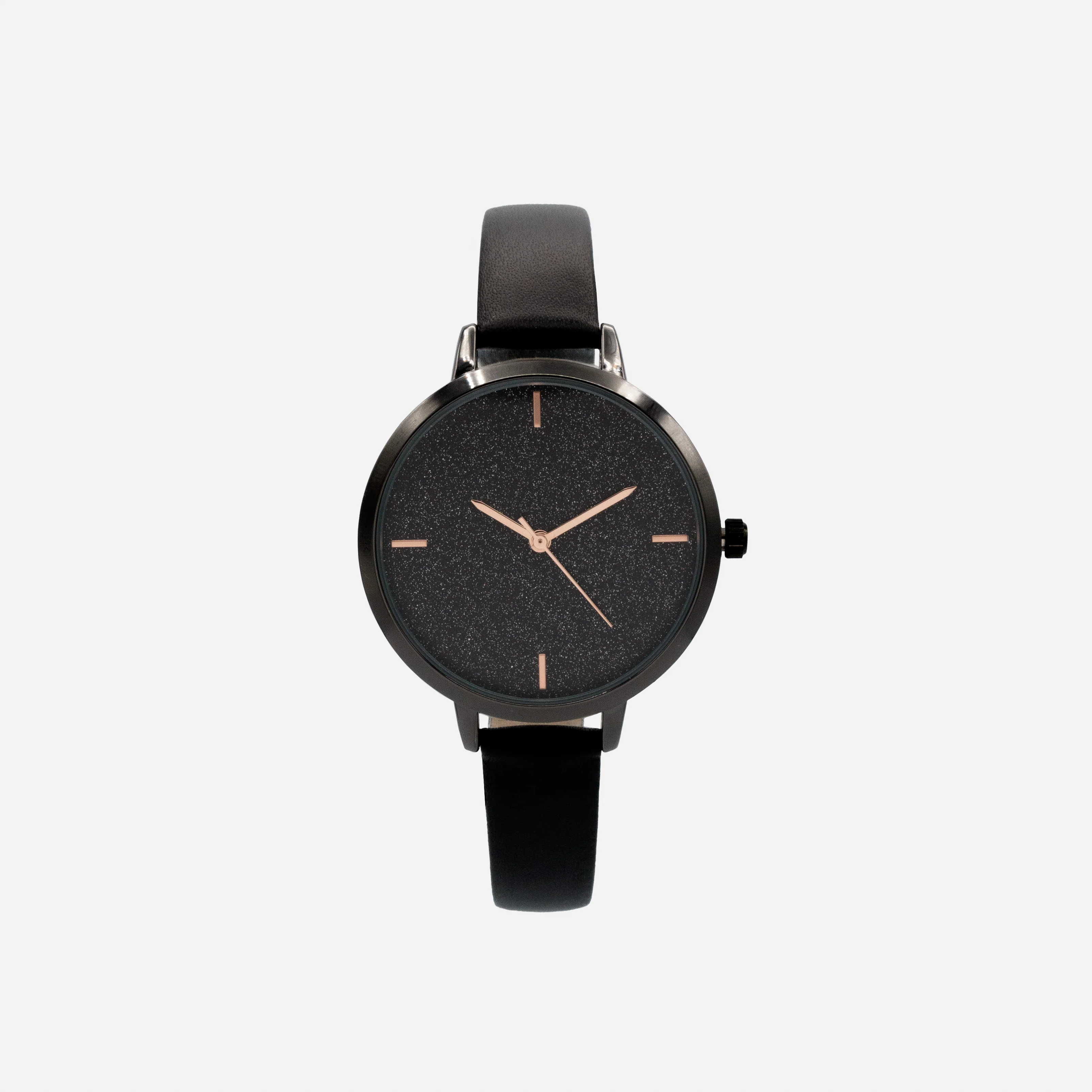 Montre noire en similicuir à boîtier rond et cadran scintillant