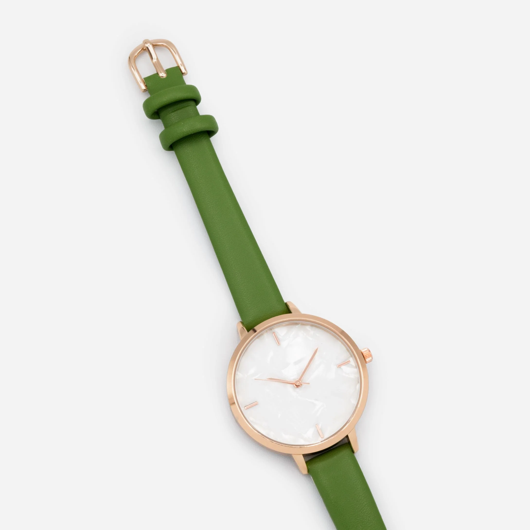 Montre verte en similicuir à boîtier rond rose doré et cadran blanc nacré - Image 3