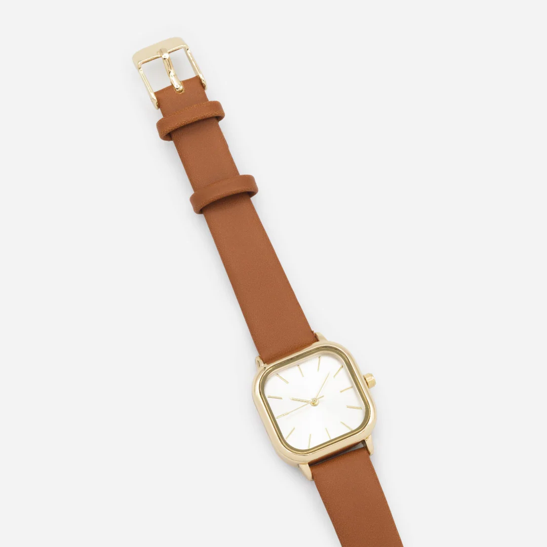 Montre caramel en similicuir à boîtier et cadran dorés - Image 3