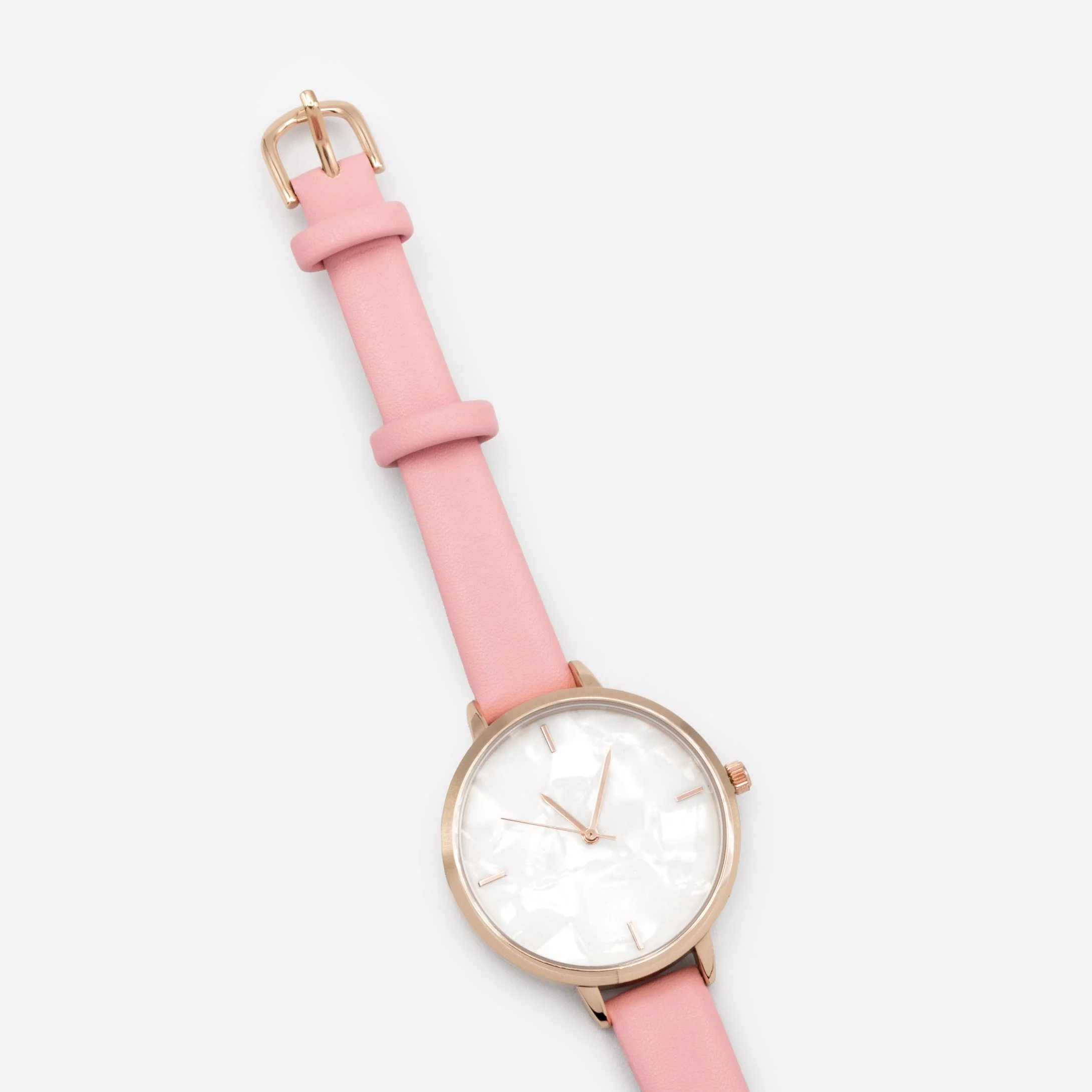Montre rose pâle en similicuir à boîtier rond rose doré et cadran blanc nacré - Image 3