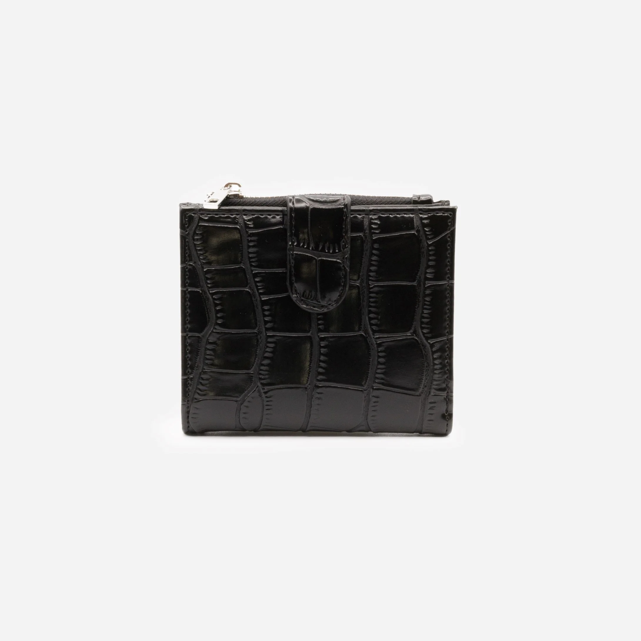 Petit portefeuille noir peau de crocodile à rabat