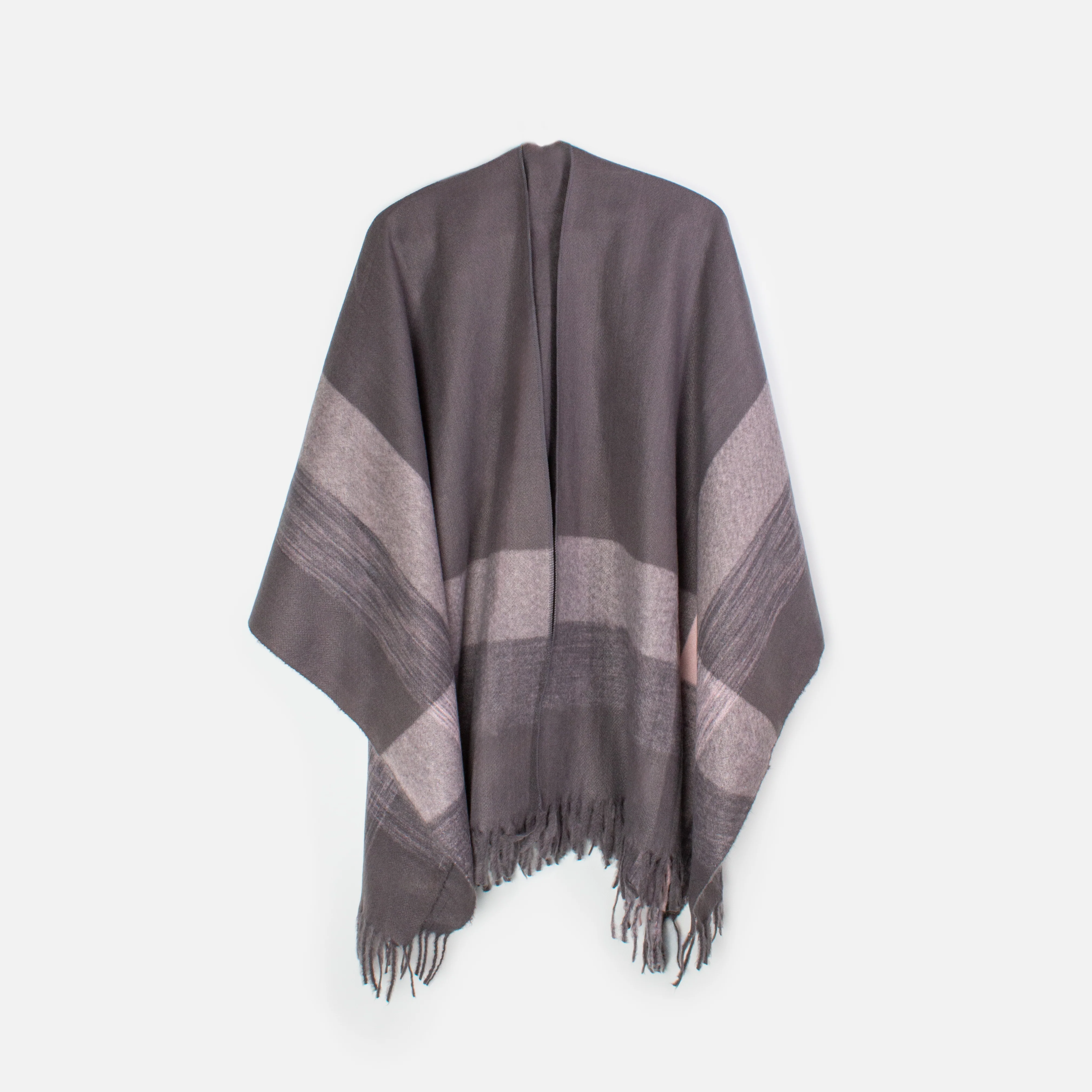 Poncho gris avec frange et larges bandes rosées