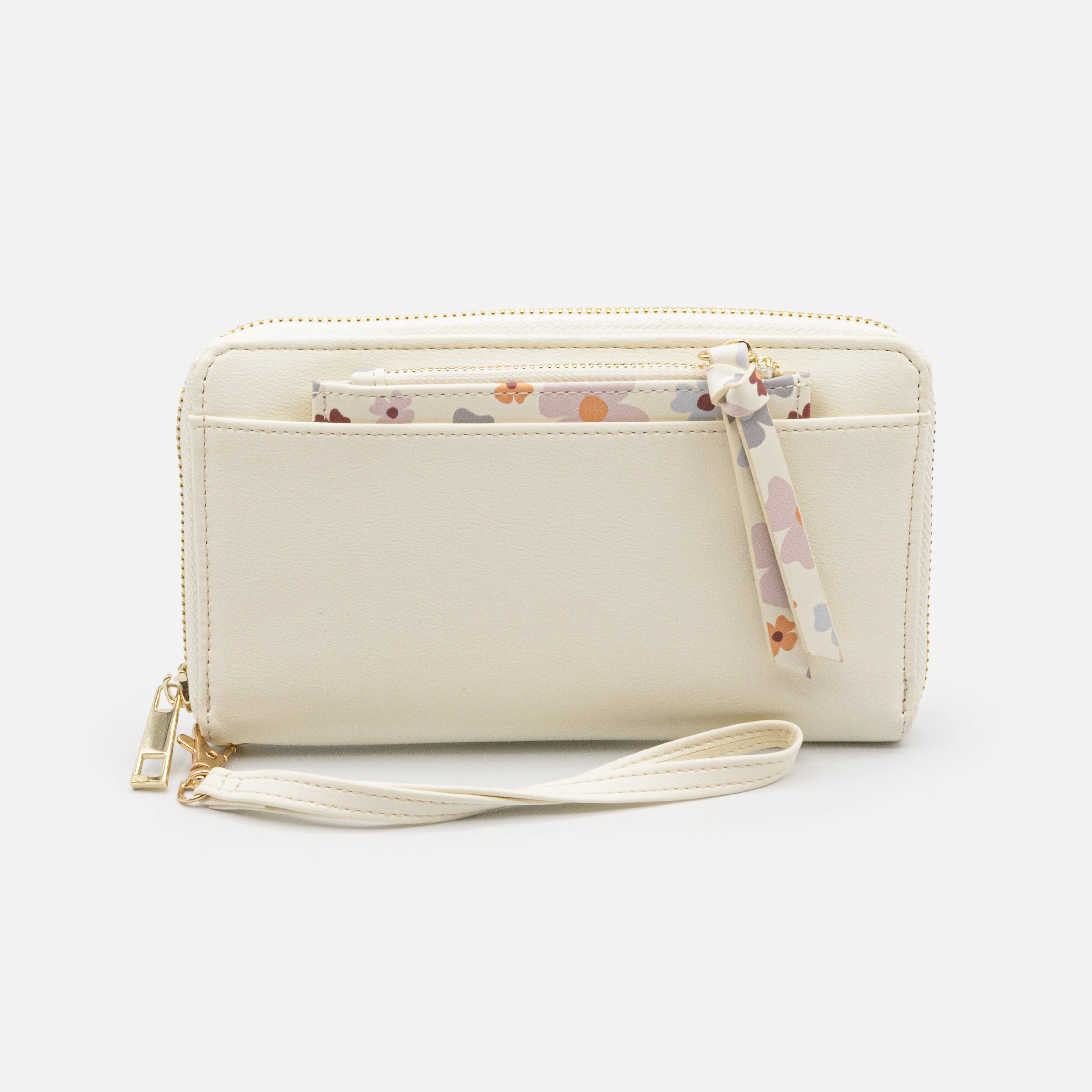 Portefeuille ivoire avec pochette amovible fleurie en PU