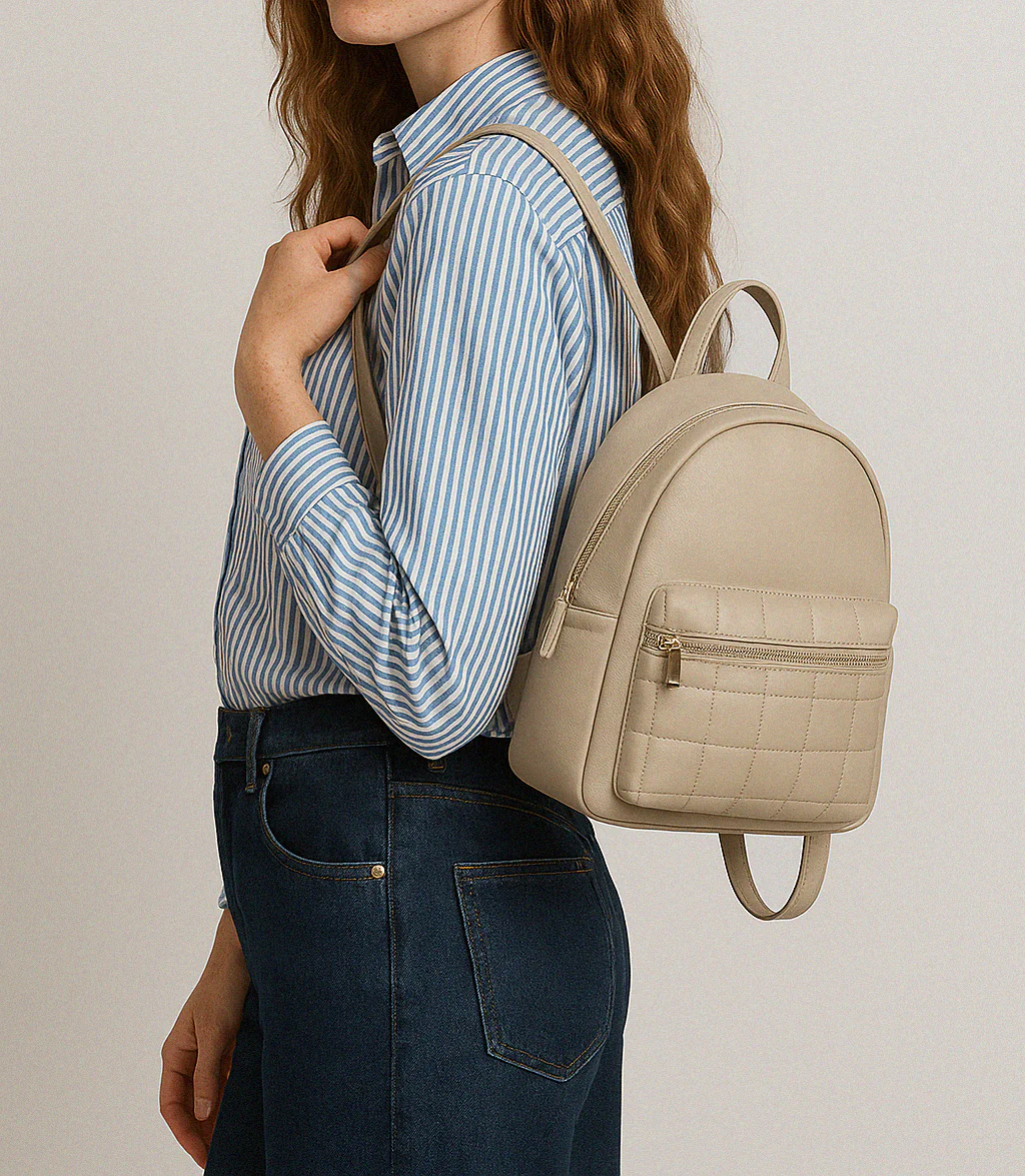 Sac à dos beige en PU lisse avec pochette avant matelassée - Image 4