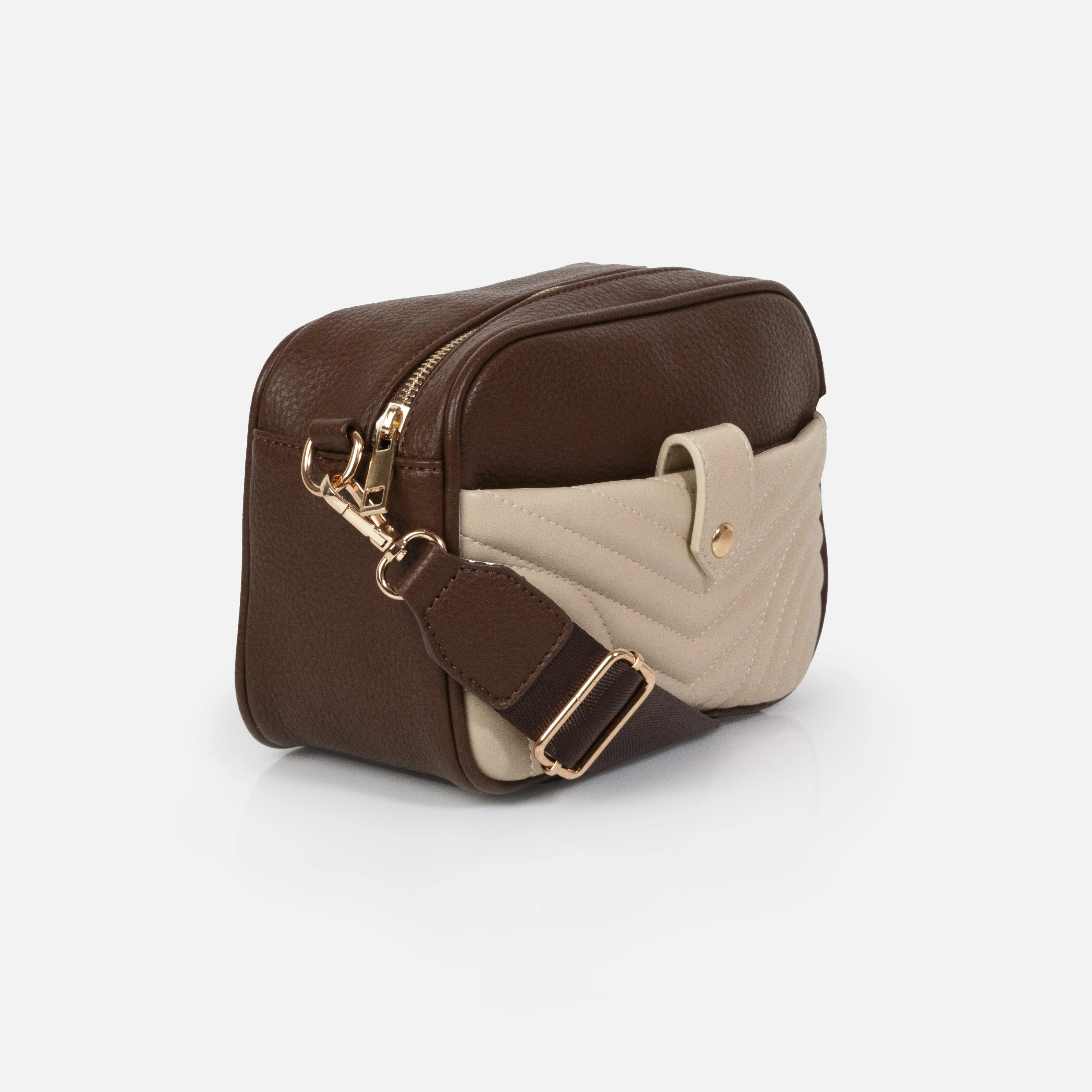 Sac à main bandoulière brun foncé en PU & pochette beige matelassée - Image 2